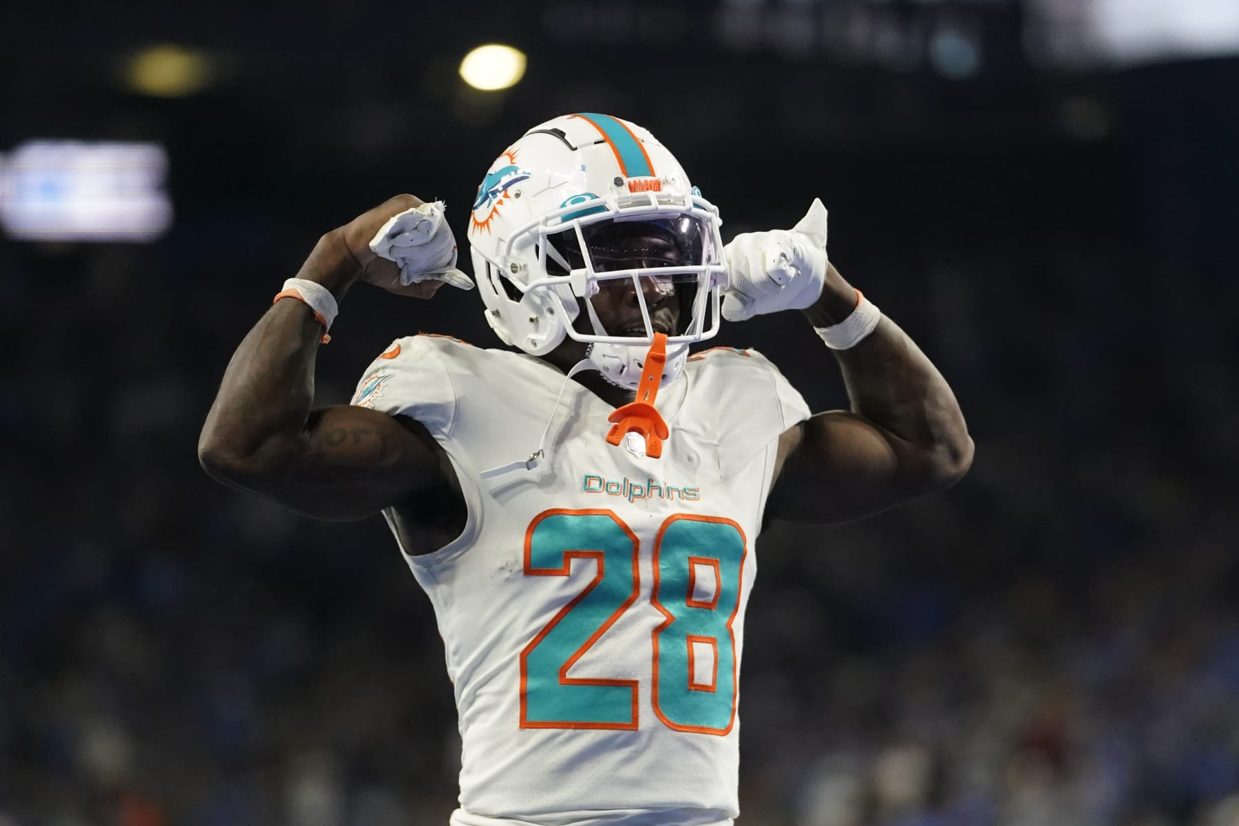Miami Dolphins cornerback Kader Kohou reacts after breaking up a pass during the second half of an NFL football game against the Detroit Lions, Sunday, Oct. 30, 2022, in Detroit. (AP Photo/Paul Sancya)