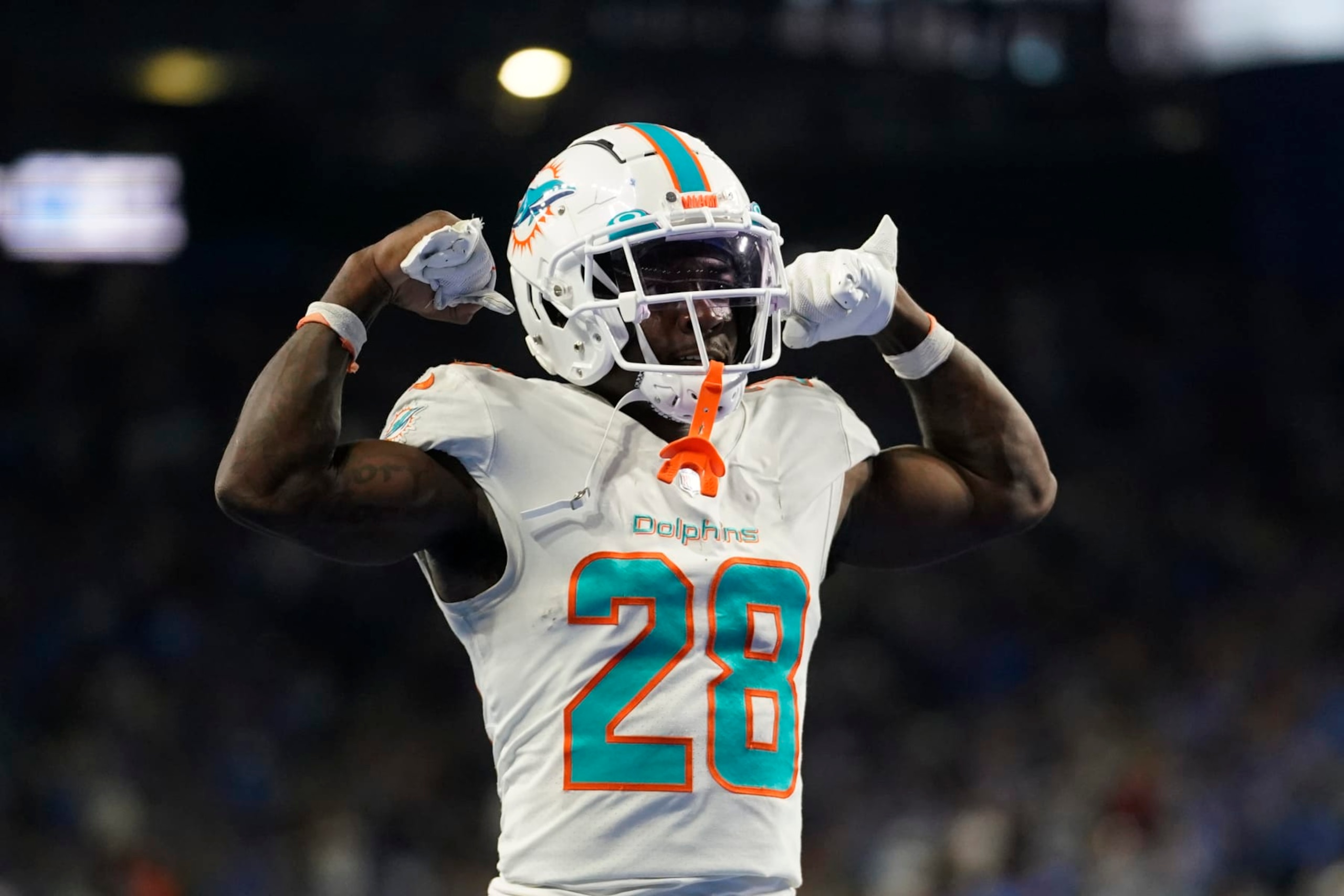 Miami Dolphins cornerback Kader Kohou reacts after breaking up a pass during the second half of an NFL football game against the Detroit Lions, Sunday, Oct. 30, 2022, in Detroit. (AP Photo/Paul Sancya)