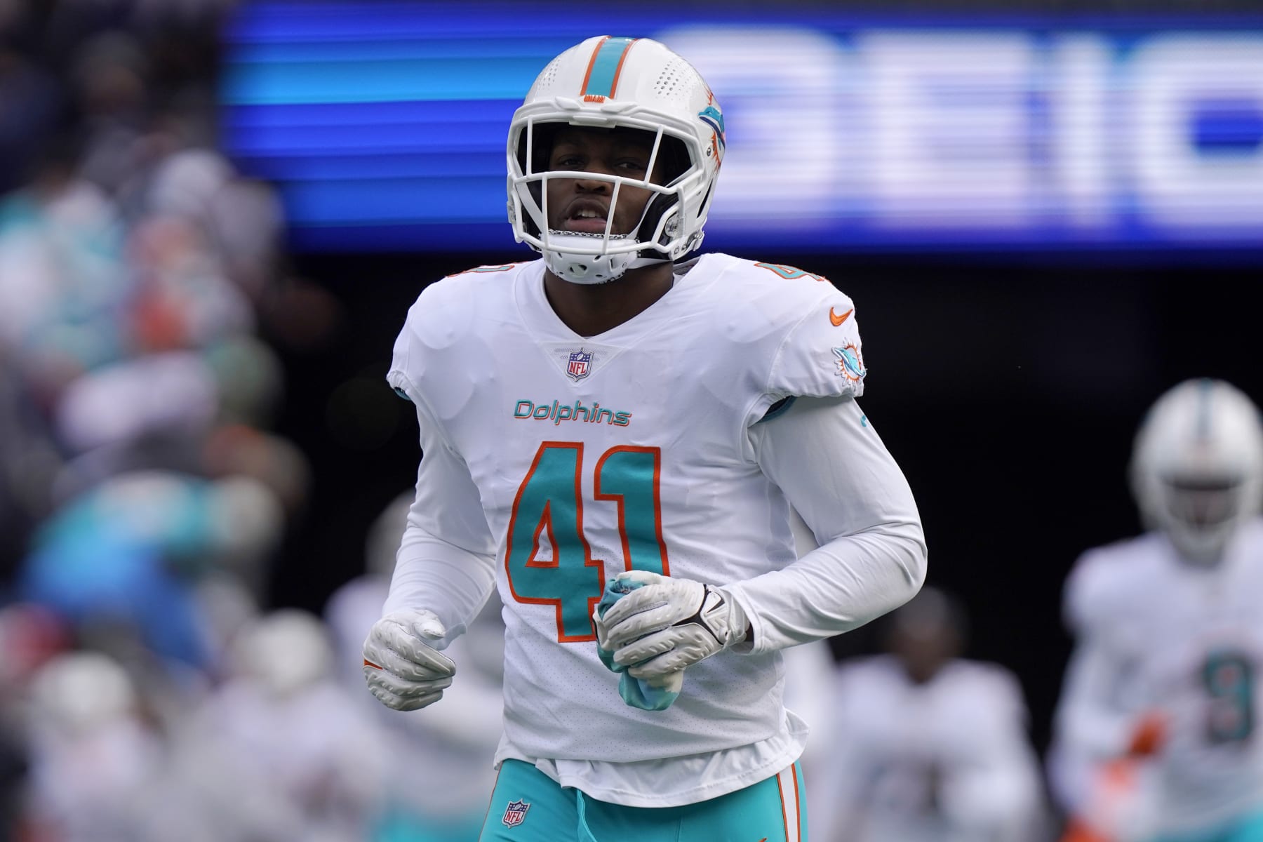 Miami Dolphins linebacker Channing Tindall (41) prior to an NFL football game against the New England Patriots, Sunday, Jan. 1, 2023, in Foxborough, Mass. (AP Photo/Steven Senne)