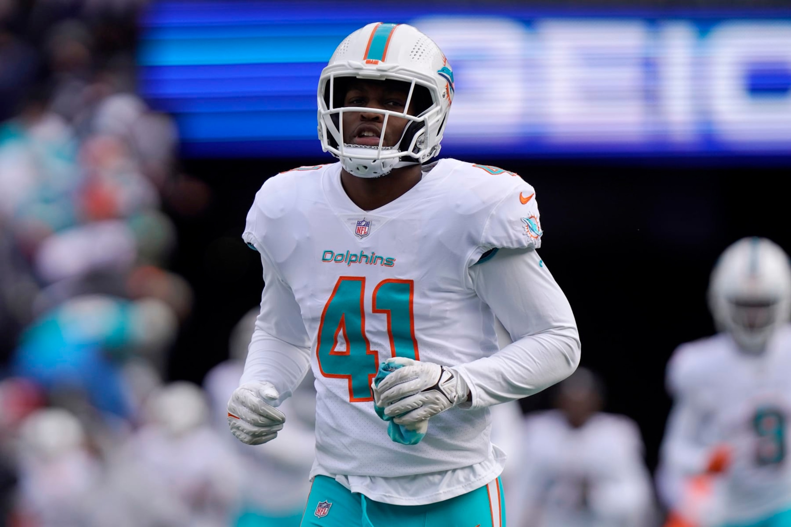 Miami Dolphins linebacker Channing Tindall (41) prior to an NFL football game against the New England Patriots, Sunday, Jan. 1, 2023, in Foxborough, Mass. (AP Photo/Steven Senne)
