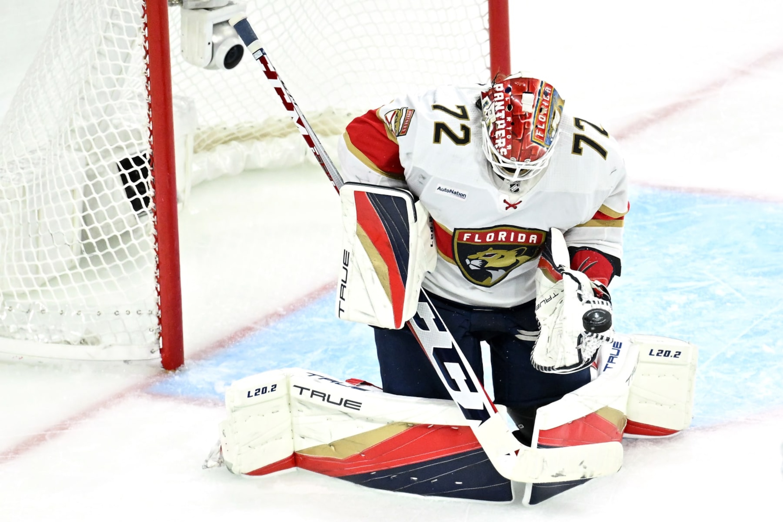 RALEIGH, NORTH CAROLINA - MAY 20: Sergei Bobrovsky #72 of the Florida Panthers makes a save against the Carolina Hurricanes during the first period in Game Two of the Eastern Conference Final of the 2023 Stanley Cup Playoffs at PNC Arena on May 20, 2023 in Raleigh, North Carolina. (Photo by Grant Halverson/Getty Images)