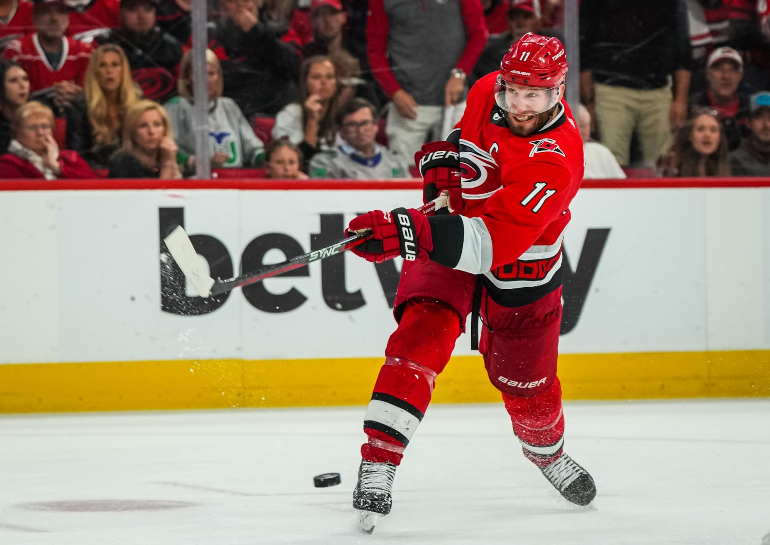 RALEIGH, NORTH CAROLINA - MAY 20: Jordan Staal #11 of the Carolina Hurricanes shoots the puck during the third period against the Florida Panthers in Game Two of the Eastern Conference Final of the 2023 Stanley Cup Playoffs at PNC Arena on May 20, 2023 in Raleigh, North Carolina. (Photo by Josh Lavallee/NHLI via Getty Images)