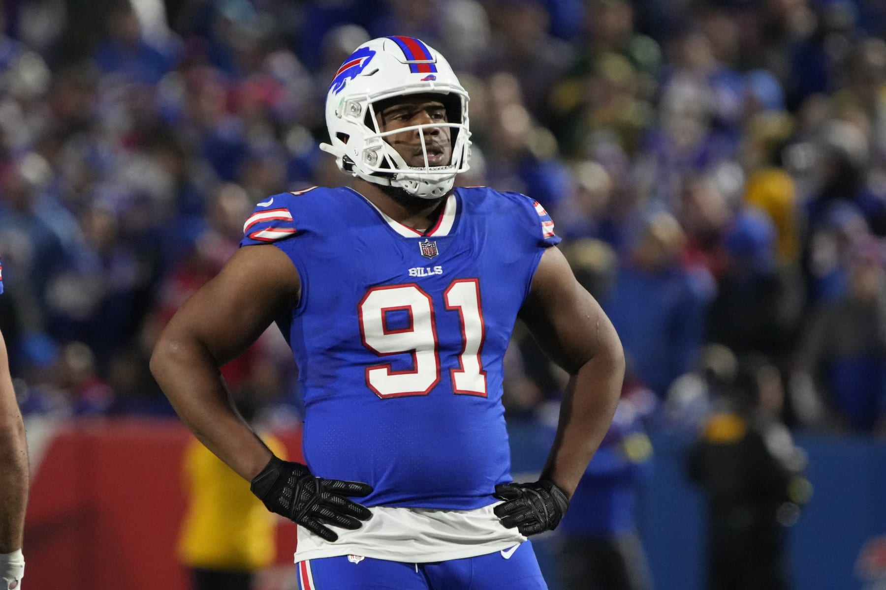 Buffalo Bills defensive tackle Ed Oliver (91) lines up for a play against the Green Bay Packers during the first half of an NFL football game, Sunday, Oct. 30, 2022, in Buffalo, N.Y. (AP Photo/Rick Scuteri)