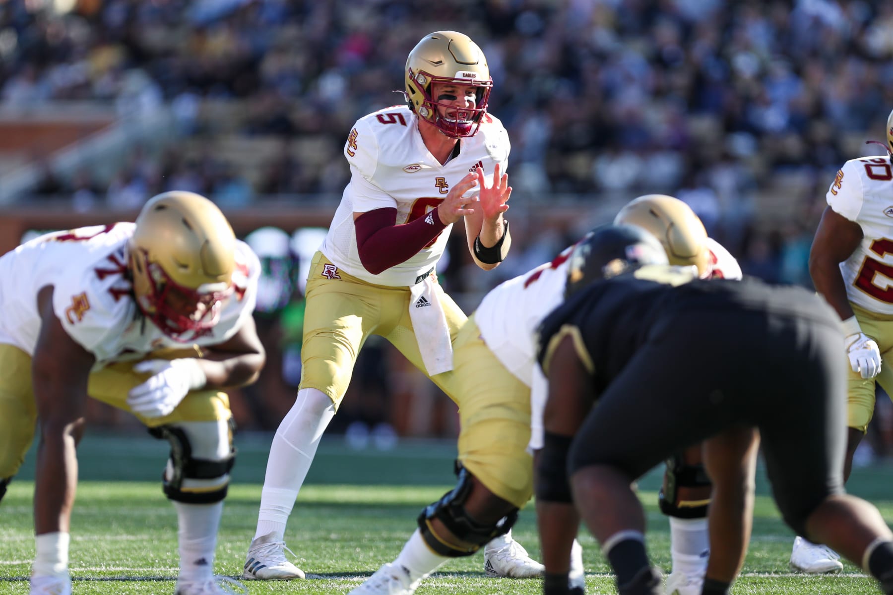 WINSTON-SALEM, NC - OCTOBER 22: Phil Jurkovec (5) of the Boston College Eagles calls for the snap during a football game between the Wake Forest Demon Deacons and the Boston College Eagles October 22, 2022, at Truist Field in Winston-Salem, NC. (Photo by David Jensen/Icon Sportswire via Getty Images)