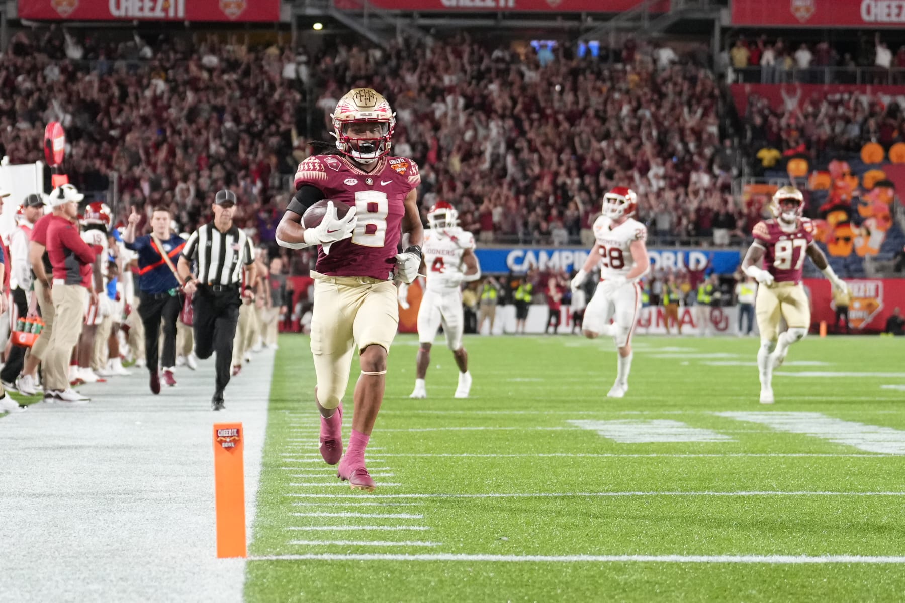 ORLANDO, FL - DECEMBER 29: Florida State Seminoles running back Treshaun Ward (8) scores a late touchdown in the fourth quarter during the Cheez-It Bowl between the Oklahoma Sooners and the Florida State Seminoles on Thursday, December 29, 2022 at Camping World Stadium, Orlando, Fla. (Photo by Peter Joneleit/Icon Sportswire via Getty Images)