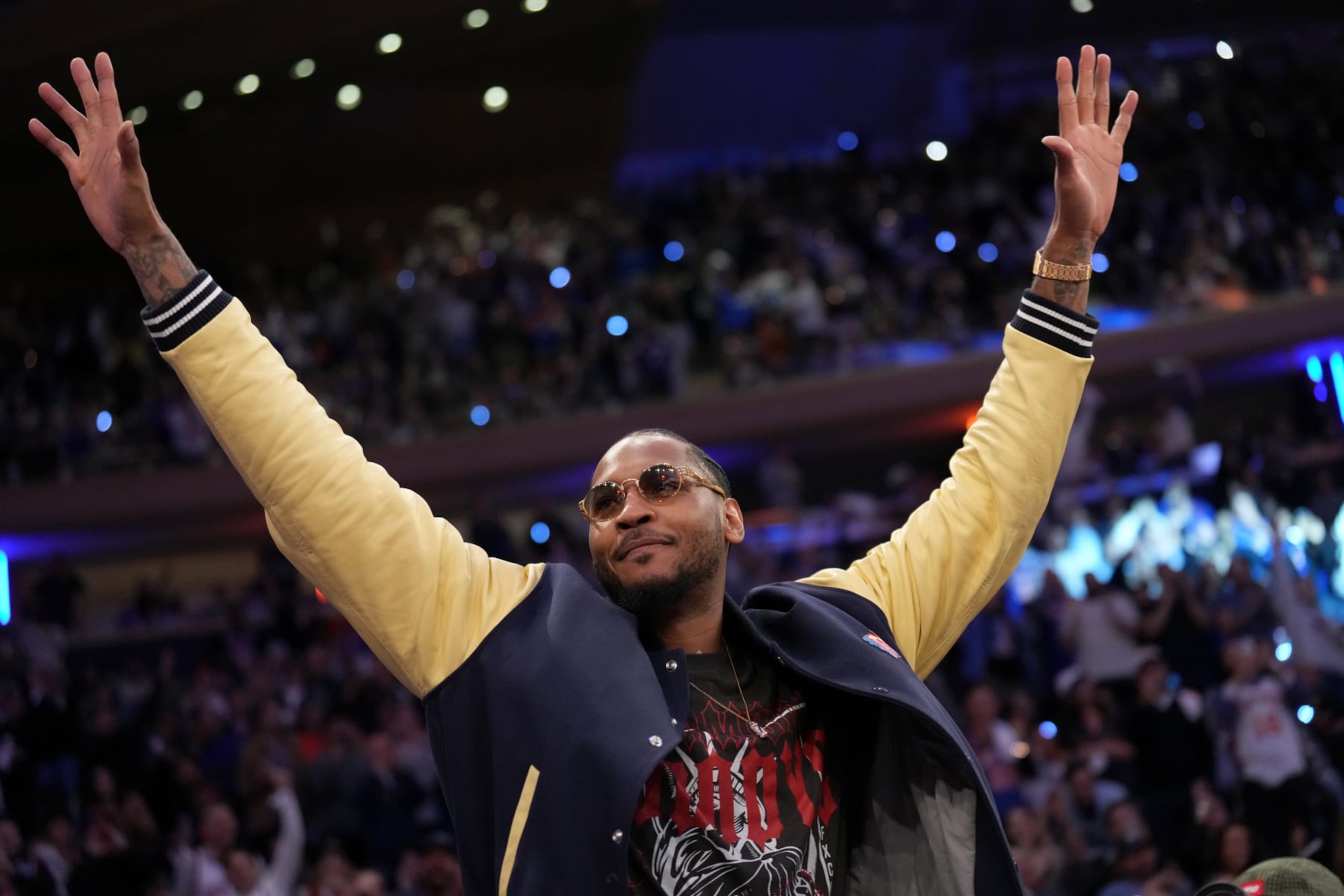 NEW YORK, NY - MAY 2: Carmelo Anthony attends a game between the Miami Heat and New York Knicks during Game Two of the Eastern Conference Semi-Finals of the 2023 NBA Playoffs on May 2, 2023 at Madison Square Garden in New York City, New York.  NOTE TO USER: User expressly acknowledges and agrees that, by downloading and or using this photograph, User is consenting to the terms and conditions of the Getty Images License Agreement. Mandatory Copyright Notice: Copyright 2023 NBAE  (Photo by Jesse D. Garrabrant/NBAE via Getty Images)
