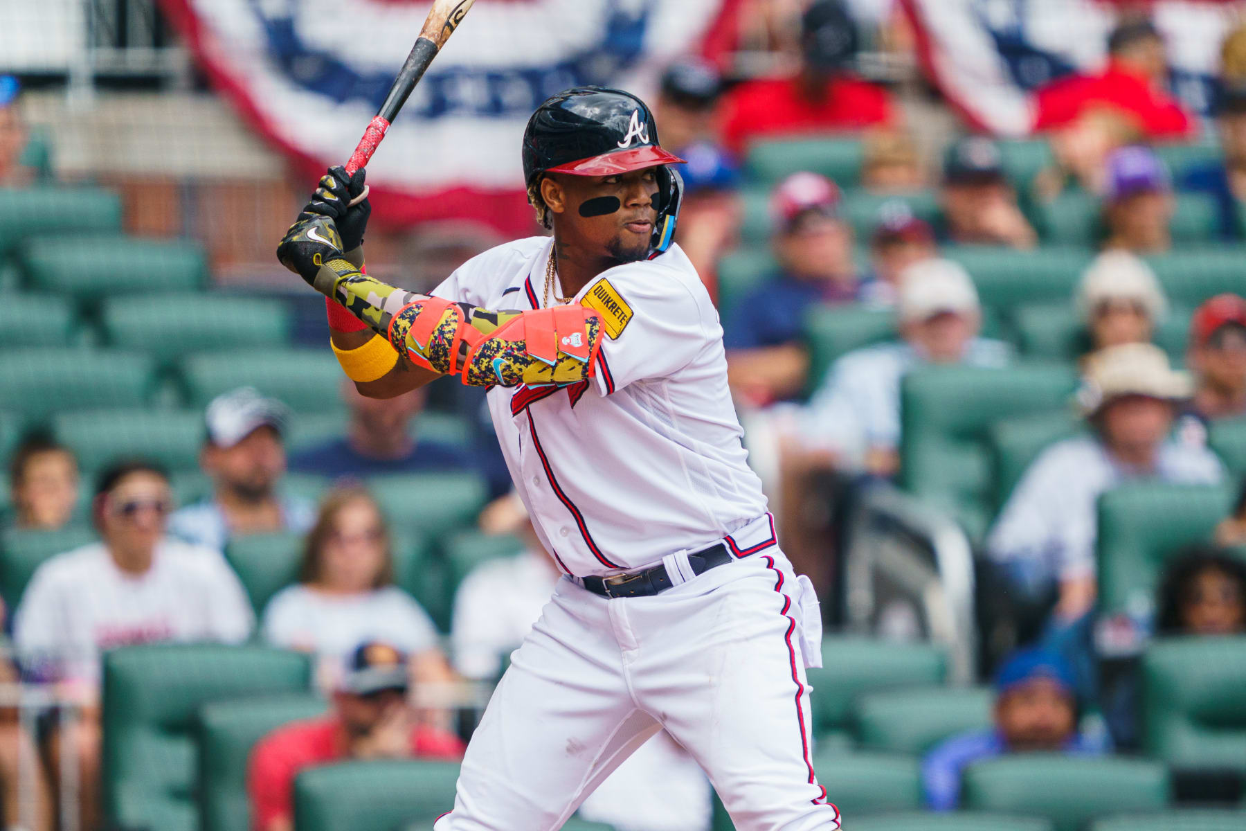ATLANTA, GA - MAY 21: Ronald Acuña Jr. #13 of the Atlanta Braves aat bat during the fifth inning during the game between the Atlanta Braves and the Seattle Mariners at Truist Park on May 21, 2023 in Atlanta, Georgia. (Photo by Matthew Grimes Jr./Atlanta Braves/Getty Images)