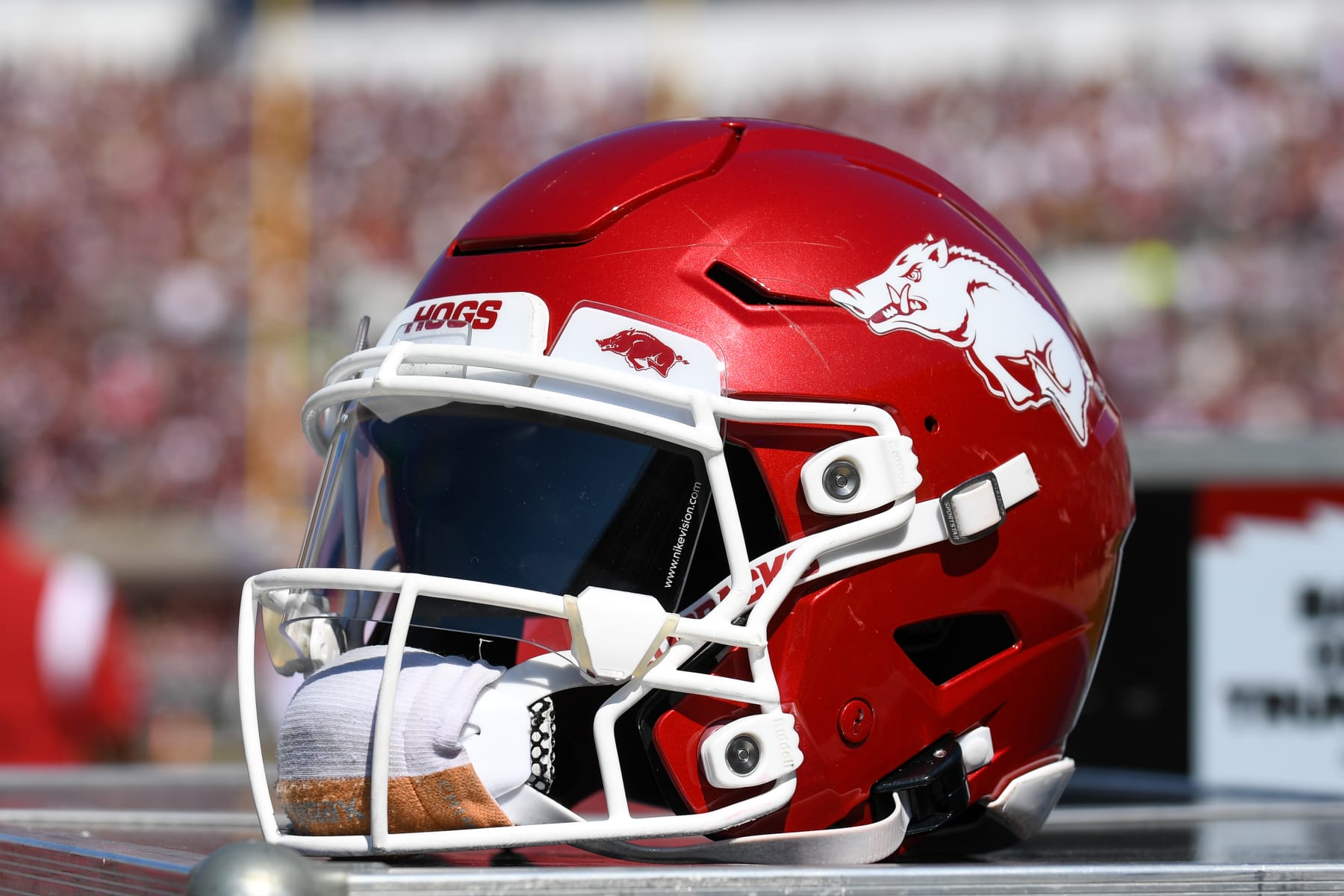 STARKVILLE, MS - OCTOBER 08: An Arkansas Razorbacks helmet during the college football game between the Arkansas Razorbacks and the Mississippi State Bulldogs on October 8, 2022 at Davis Wade Stadium in Starkville, MS. (Photo by Kevin Langley/Icon Sportswire via Getty Images)