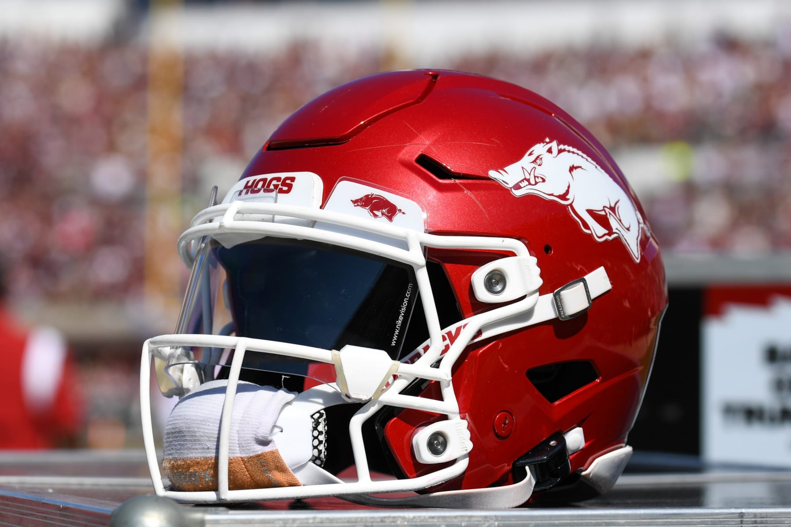 STARKVILLE, MS - OCTOBER 08: An Arkansas Razorbacks helmet during the college football game between the Arkansas Razorbacks and the Mississippi State Bulldogs on October 8, 2022 at Davis Wade Stadium in Starkville, MS. (Photo by Kevin Langley/Icon Sportswire via Getty Images)