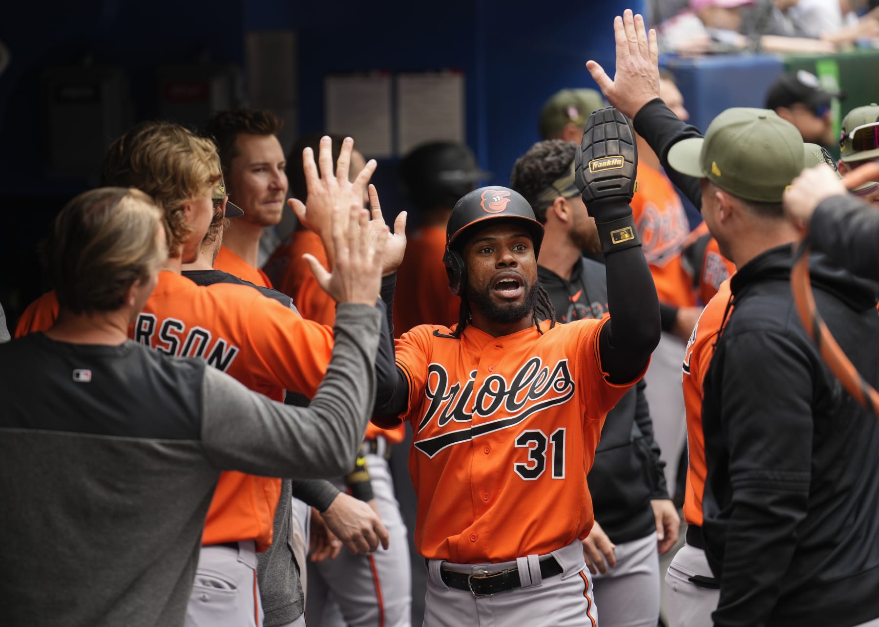 TORONTO, ON - MAY 20: Cedric Mullins #31 of the Baltimore Orioles celebrates his home run against the Toronto Blue Jays in the third inning during their MLB game at the Rogers Centre on May 20, 2023 in Toronto, Ontario, Canada. (Photo by Mark Blinch/Getty Images)