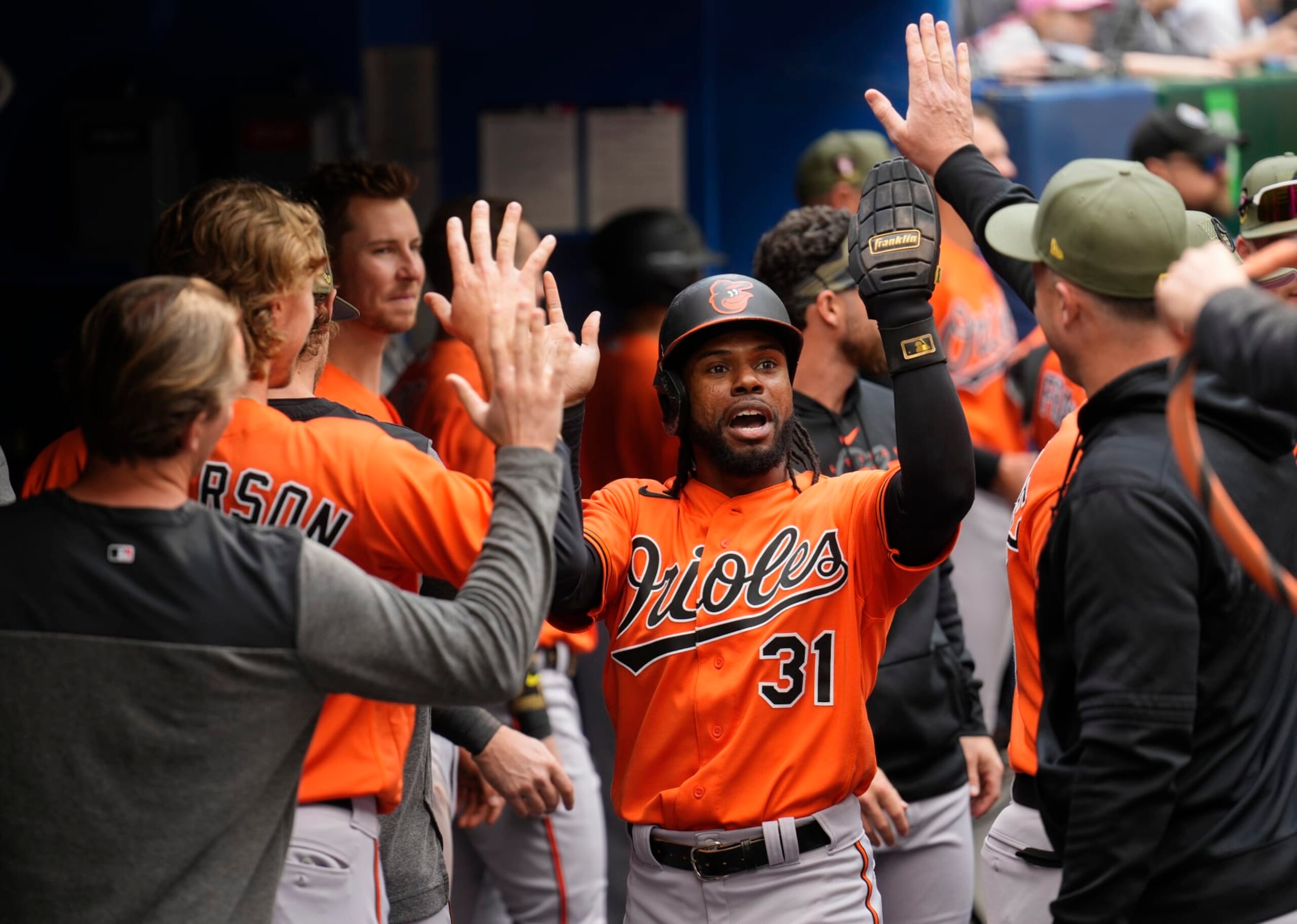 TORONTO, ON - MAY 20: Cedric Mullins #31 of the Baltimore Orioles celebrates his home run against the Toronto Blue Jays in the third inning during their MLB game at the Rogers Centre on May 20, 2023 in Toronto, Ontario, Canada. (Photo by Mark Blinch/Getty Images)