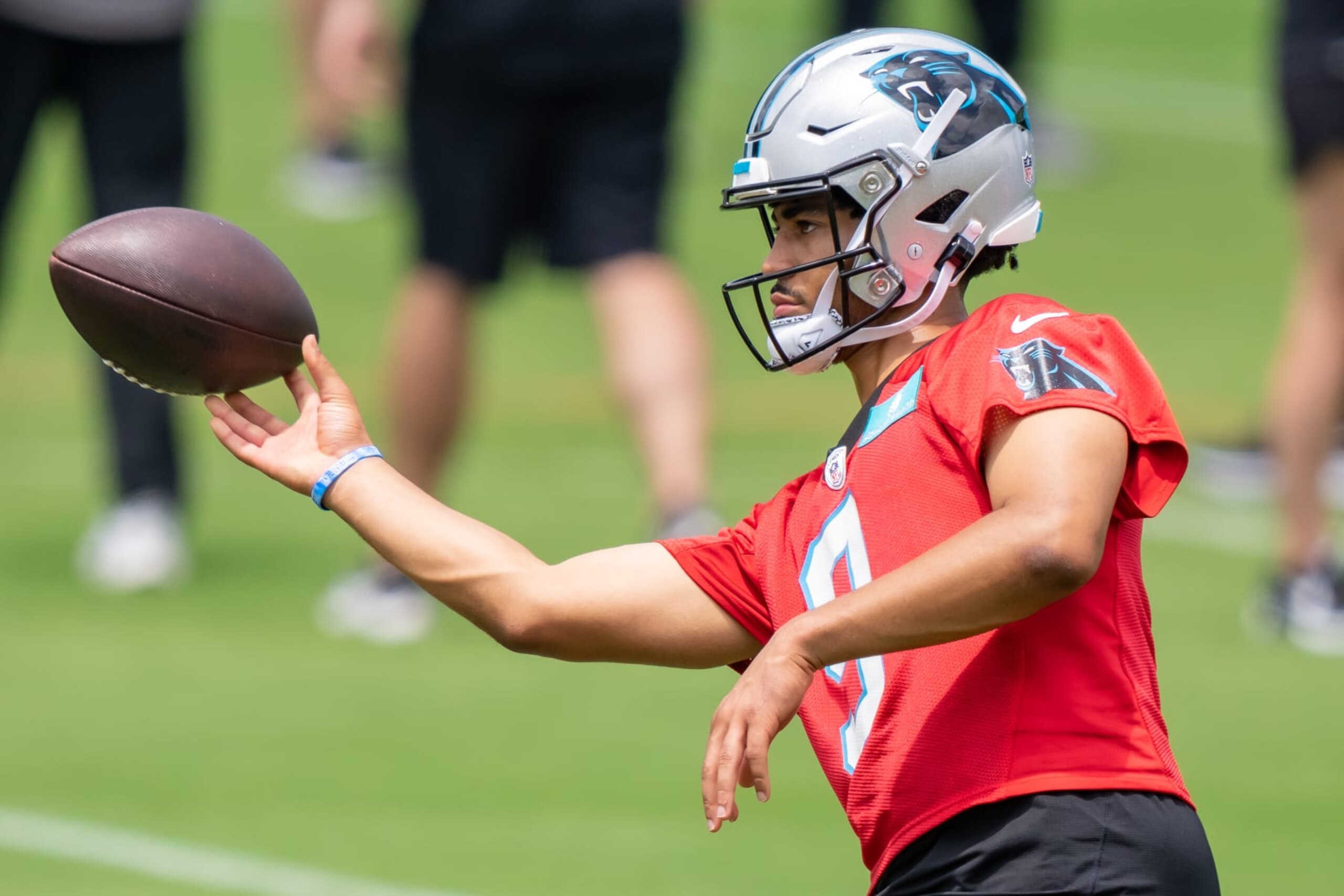 CHARLOTTE, NORTH CAROLINA - MAY 13: Bryce Young #9 of the Carolina Panthers works through a drill during practice at Bank of America Stadium on May 13, 2023 in Charlotte, North Carolina. (Photo by Jacob Kupferman/Getty Images)