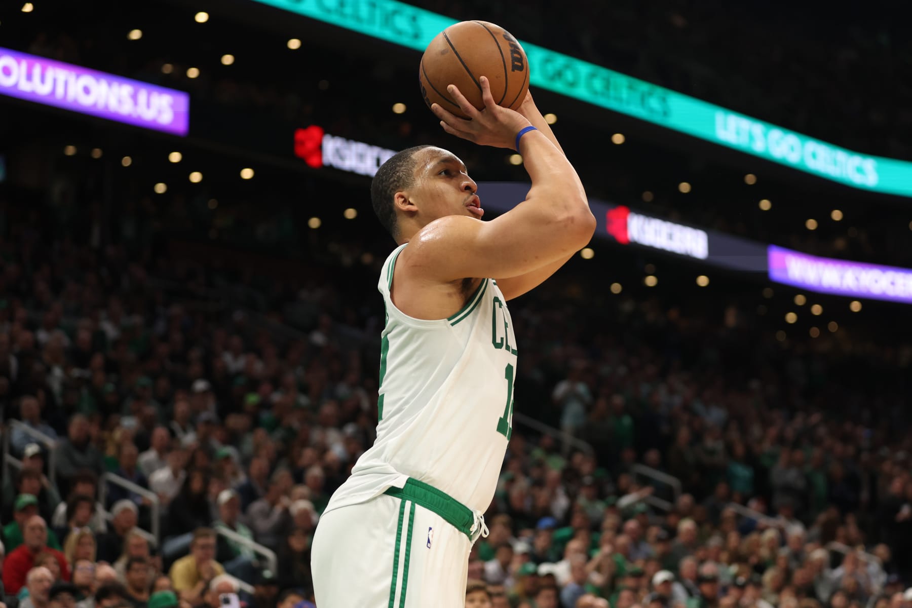 BOSTON, MASSACHUSETTS - MAY 19: Grant Williams #12 of the Boston Celtics shoots the ball against the Miami Heat during the fourth quarter in game two of the Eastern Conference Finals at TD Garden on May 19, 2023 in Boston, Massachusetts. NOTE TO USER: User expressly acknowledges and agrees that, by downloading and or using this photograph, User is consenting to the terms and conditions of the Getty Images License Agreement. (Photo by Adam Glanzman/Getty Images)