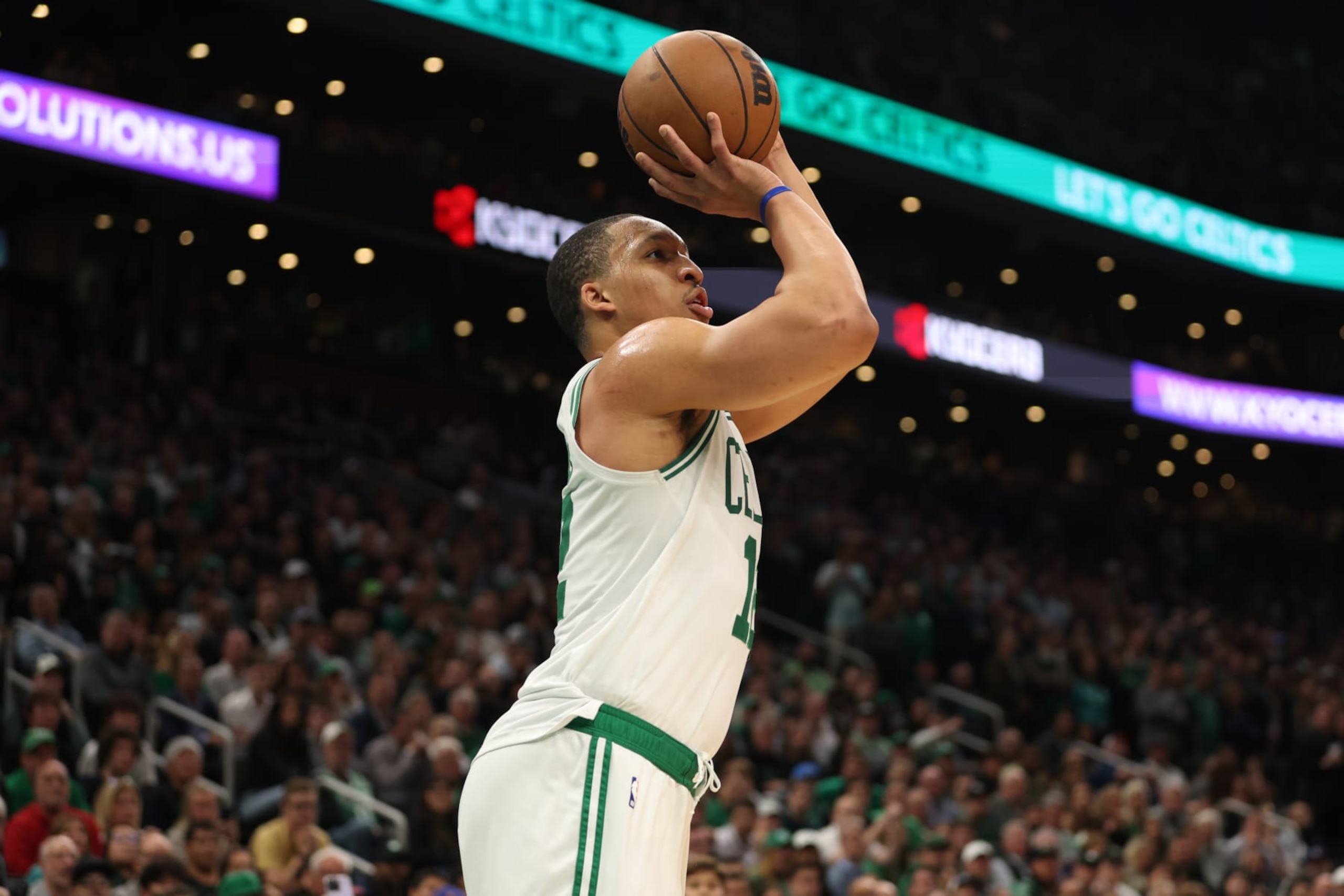 BOSTON, MASSACHUSETTS - MAY 19: Grant Williams #12 of the Boston Celtics shoots the ball against the Miami Heat during the fourth quarter in game two of the Eastern Conference Finals at TD Garden on May 19, 2023 in Boston, Massachusetts. NOTE TO USER: User expressly acknowledges and agrees that, by downloading and or using this photograph, User is consenting to the terms and conditions of the Getty Images License Agreement. (Photo by Adam Glanzman/Getty Images) BOSTON, MASSACHUSETTS - MAY 19: Grant Williams #12 of the Boston Celtics shoots the ball against the Miami Heat during the fourth quarter in game two of the Eastern Conference Finals at TD Garden on May 19, 2023 in Boston, Massachusetts. NOTE TO USER: User expressly acknowledges and agrees that, by downloading and or using this photograph, User is consenting to the terms and conditions of the Getty Images License Agreement. (Photo by Adam Glanzman/Getty Images)