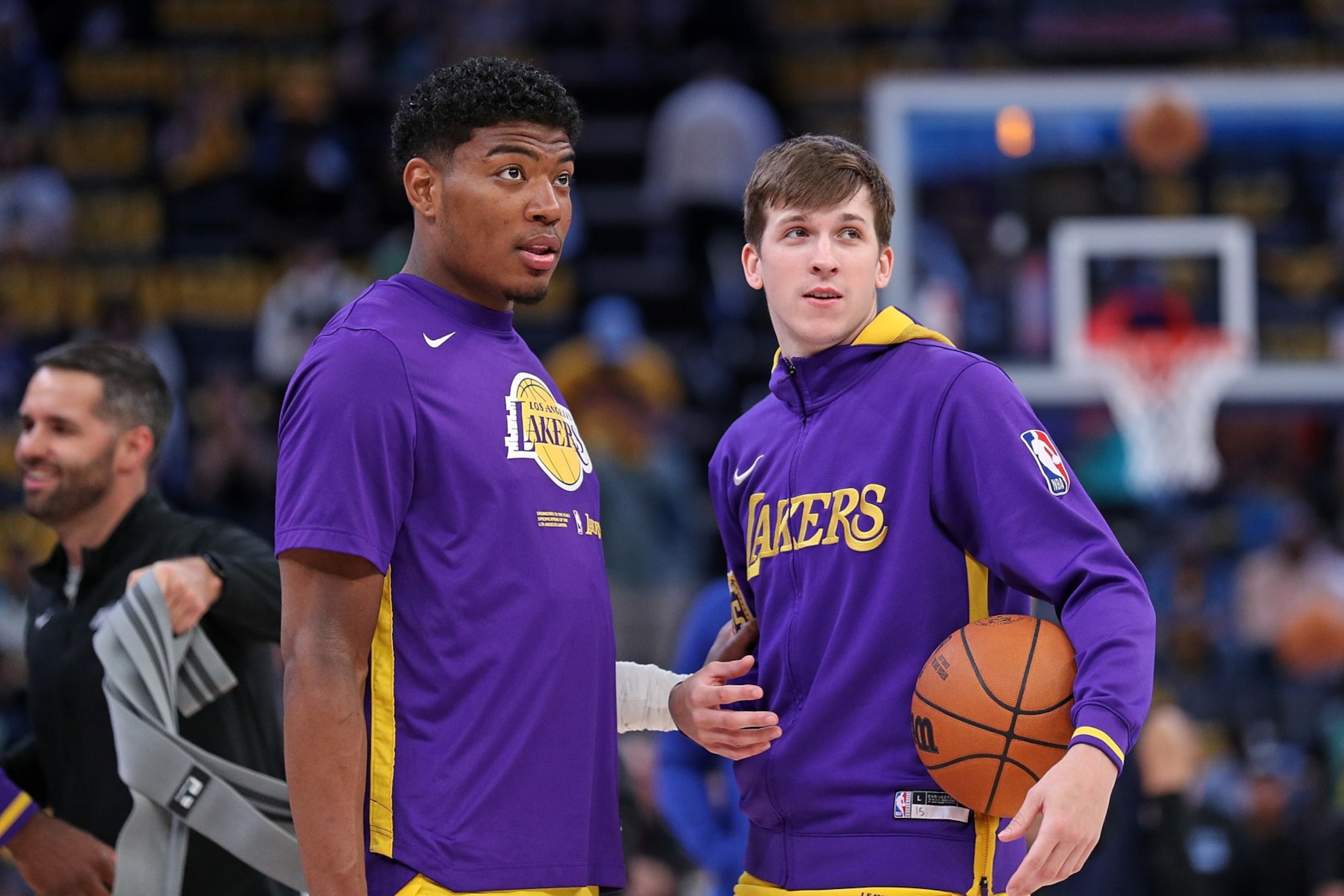 MEMPHIS, TENNESSEE - APRIL 19: Rui Hachimura #28 of the Los Angeles Lakers and Austin Reaves #15 of the Los Angeles Lakers before the game against the Memphis Grizzlies during Game Two of the Western Conference First Round Playoffs at FedExForum on April 16, 2023 in Memphis, Tennessee. NOTE TO USER: User expressly acknowledges and agrees that, by downloading and or using this photograph, User is consenting to the terms and conditions of the Getty Images License Agreement. (Photo by Justin Ford/Getty Images)