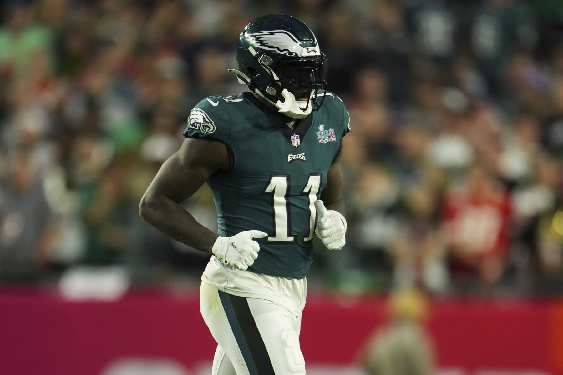 GLENDALE, AZ - FEBRUARY 12: A.J. Brown #11 of the Philadelphia Eagles gets set against the Kansas City Chiefs after Super Bowl LVII at State Farm Stadium on February 12, 2023 in Glendale, Arizona. The Chiefs defeated the Eagles 38-35. (Photo by Cooper Neill/Getty Images)