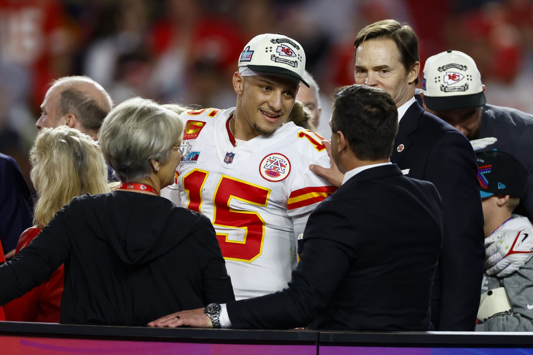 GLENDALE, AZ - FEBRUARY 12: Patrick Mahomes #15 of the Kansas City Chiefs celebrates with Brett Veach and Mark Donovan after Super Bowl LVII against the Philadelphia Eagles at State Farm Stadium on February 12, 2023 in Glendale, Arizona. The Chiefs defeated the Eagles 38-35. (Photo by Kevin Sabitus/Getty Images)