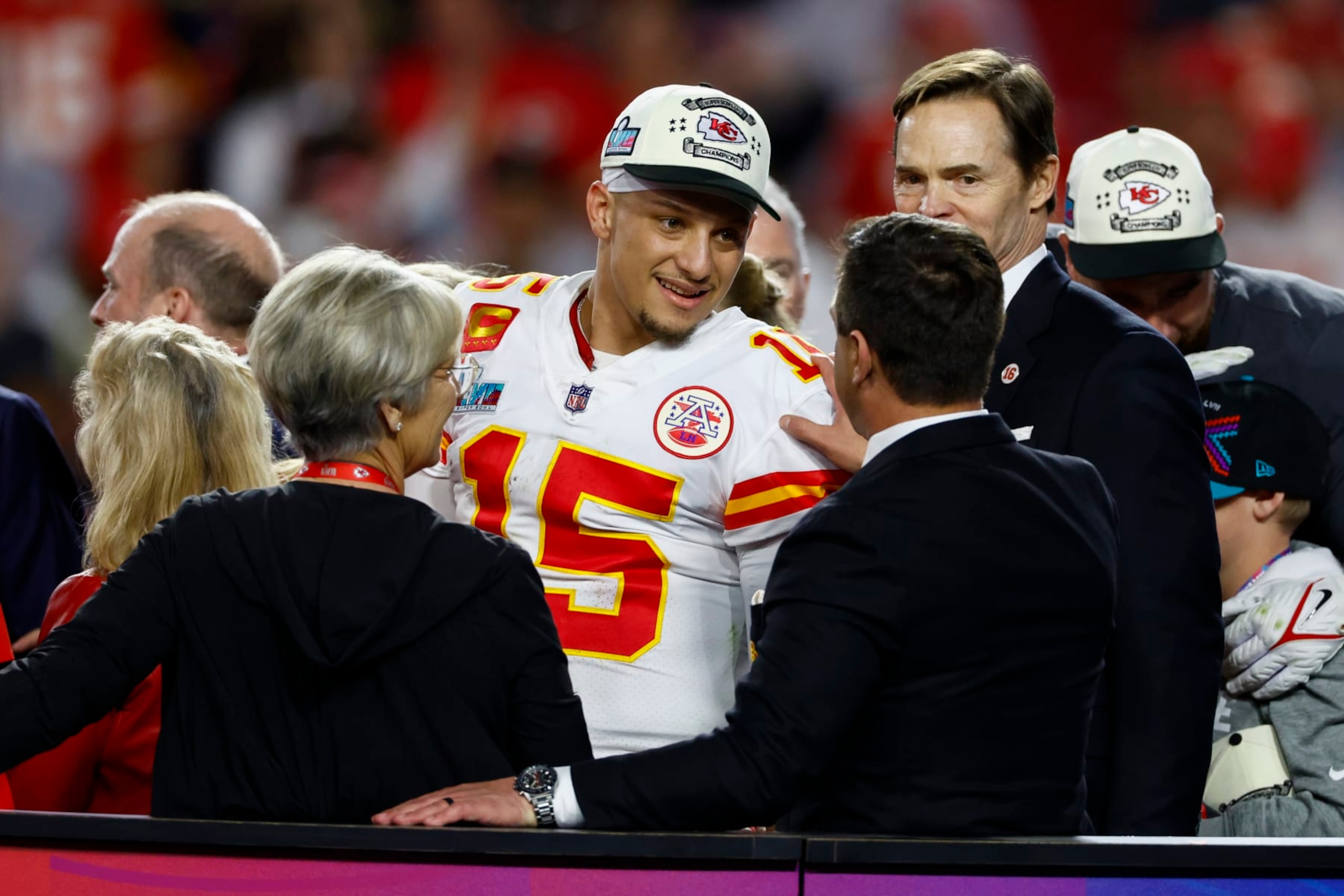 GLENDALE, AZ - FEBRUARY 12: Patrick Mahomes #15 of the Kansas City Chiefs celebrates with Brett Veach and Mark Donovan after Super Bowl LVII against the Philadelphia Eagles at State Farm Stadium on February 12, 2023 in Glendale, Arizona. The Chiefs defeated the Eagles 38-35. (Photo by Kevin Sabitus/Getty Images) GLENDALE, AZ - FEBRUARY 12: Patrick Mahomes #15 of the Kansas City Chiefs celebrates with Brett Veach and Mark Donovan after Super Bowl LVII against the Philadelphia Eagles at State Farm Stadium on February 12, 2023 in Glendale, Arizona. The Chiefs defeated the Eagles 38-35. (Photo by Kevin Sabitus/Getty Images)