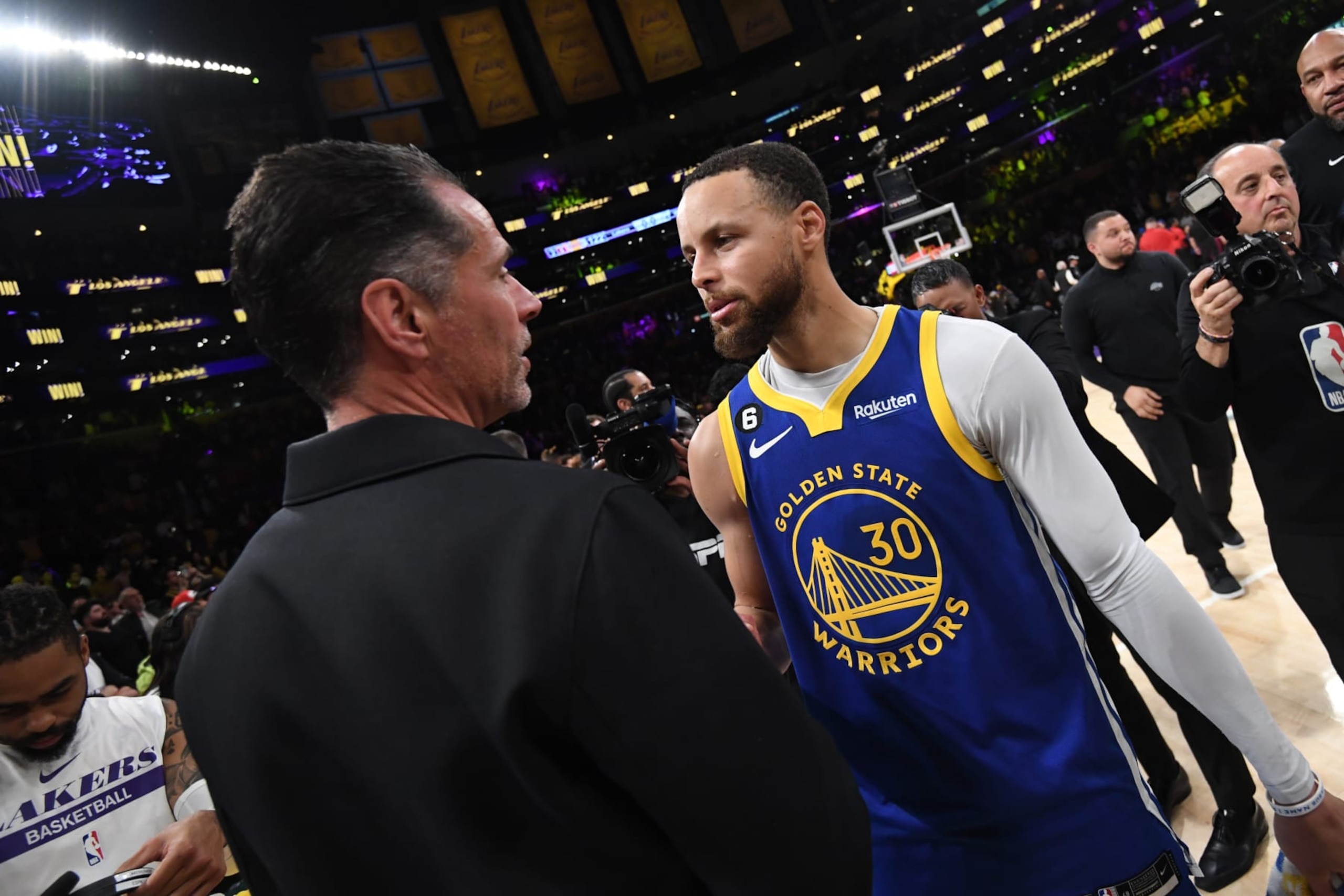 LOS ANGELES, CA - MAY 12: General Manager Rob Pelinka of the Los Angeles Lakers and Stephen Curry #30 of the Golden State Warriors after Game Six of the Western Conference Semi-Finals of the 2023 NBA Playoffs on May 12, 2023 at Crypto.com Arena in Los Angeles, California. NOTE TO USER: User expressly acknowledges and agrees that, by downloading and/or using this Photograph, user is consenting to the terms and conditions of the Getty Images License Agreement. Mandatory Copyright Notice: Copyright 2023 NBAE (Photo by Noah Graham/NBAE via Getty Images) LOS ANGELES, CA - MAY 12: General Manager Rob Pelinka of the Los Angeles Lakers and Stephen Curry #30 of the Golden State Warriors after Game Six of the Western Conference Semi-Finals of the 2023 NBA Playoffs on May 12, 2023 at Crypto.com Arena in Los Angeles, California. NOTE TO USER: User expressly acknowledges and agrees that, by downloading and/or using this Photograph, user is consenting to the terms and conditions of the Getty Images License Agreement. Mandatory Copyright Notice: Copyright 2023 NBAE (Photo by Noah Graham/NBAE via Getty Images)
