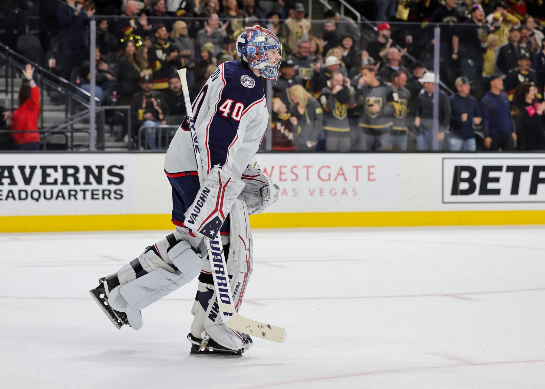 LAS VEGAS, NEVADA - MARCH 19: Daniil Tarasov #40 of the Columbus Blue Jackets leaves the ice in the second period after giving up a fifth goal to the Vegas Golden Knights during their game at T-Mobile Arena on March 19, 2023 in Las Vegas, Nevada. The Golden Knights defeated the Blue Jackets 7-2. (Photo by Ethan Miller/Getty Images)