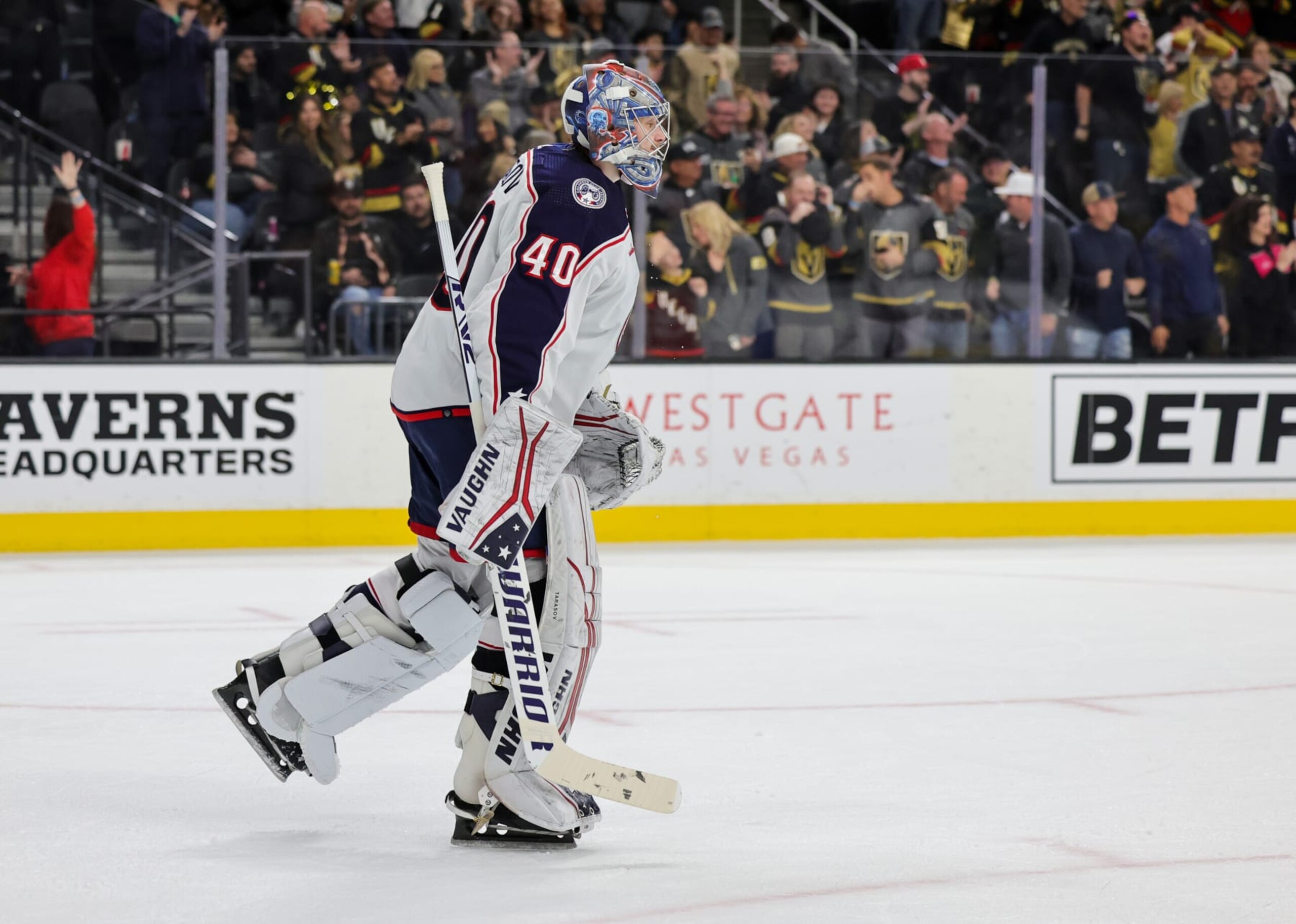 LAS VEGAS, NEVADA - MARCH 19: Daniil Tarasov #40 of the Columbus Blue Jackets leaves the ice in the second period after giving up a fifth goal to the Vegas Golden Knights during their game at T-Mobile Arena on March 19, 2023 in Las Vegas, Nevada. The Golden Knights defeated the Blue Jackets 7-2. (Photo by Ethan Miller/Getty Images)
