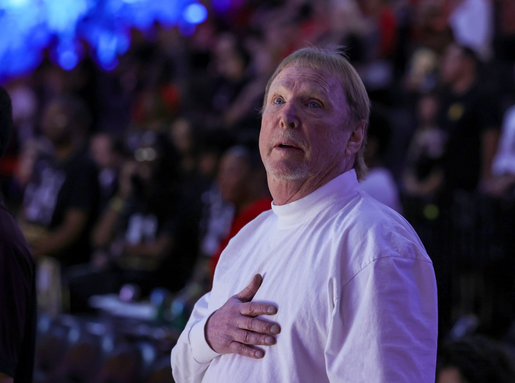 LAS VEGAS, NEVADA - MAY 13: Las Vegas Raiders owner and managing general partner and Las Vegas Aces owner Mark Davis stands as the United States national anthem is performed before a preseason game between the Aces and the New York Liberty at Michelob ULTRA Arena on May 13, 2023 in Las Vegas, Nevada. The Aces defeated the Liberty 84-77. NOTE TO USER: User expressly acknowledges and agrees that, by downloading and or using this photograph, User is consenting to the terms and conditions of the Getty Images License Agreement. (Photo by Ethan Miller/Getty Images)
