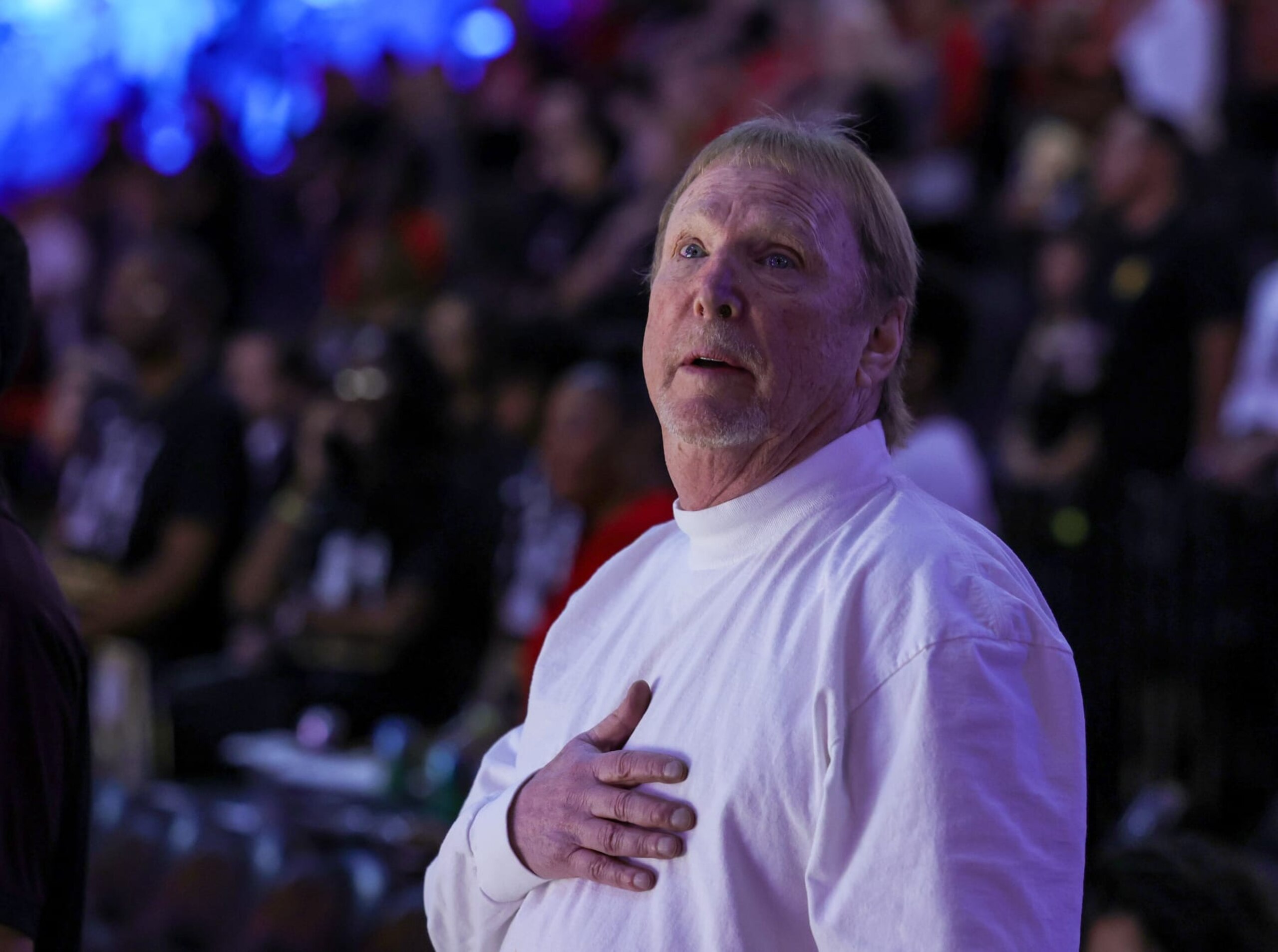 LAS VEGAS, NEVADA - MAY 13: Las Vegas Raiders owner and managing general partner and Las Vegas Aces owner Mark Davis stands as the United States national anthem is performed before a preseason game between the Aces and the New York Liberty at Michelob ULTRA Arena on May 13, 2023 in Las Vegas, Nevada. The Aces defeated the Liberty 84-77. NOTE TO USER: User expressly acknowledges and agrees that, by downloading and or using this photograph, User is consenting to the terms and conditions of the Getty Images License Agreement. (Photo by Ethan Miller/Getty Images)