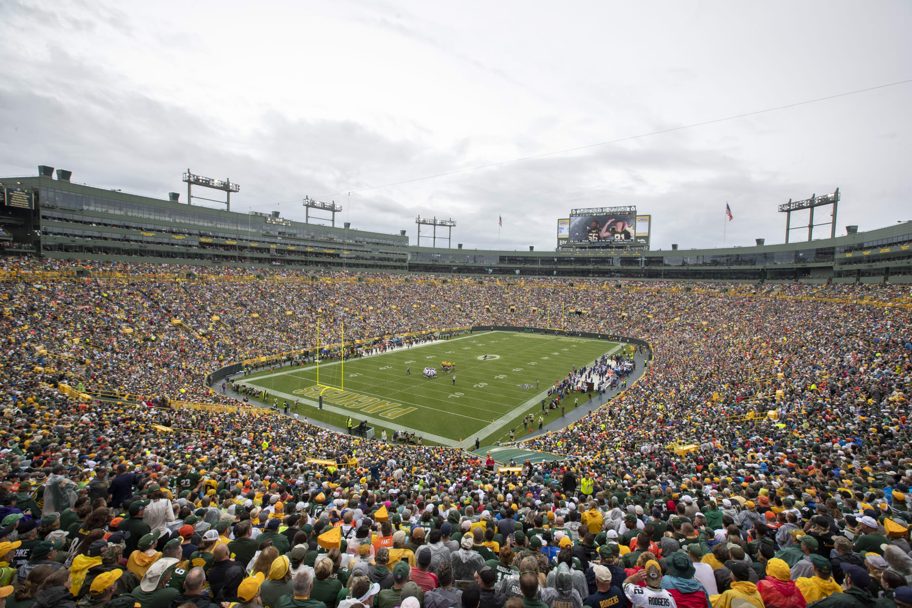 A general interior  overhead view of Lambeau Field during an NFL football game against the Denver Broncos, Sunday, Sept. 22, 2019, in Green Bay, Wis.    (Photo by Tom Hauck/Getty Images)