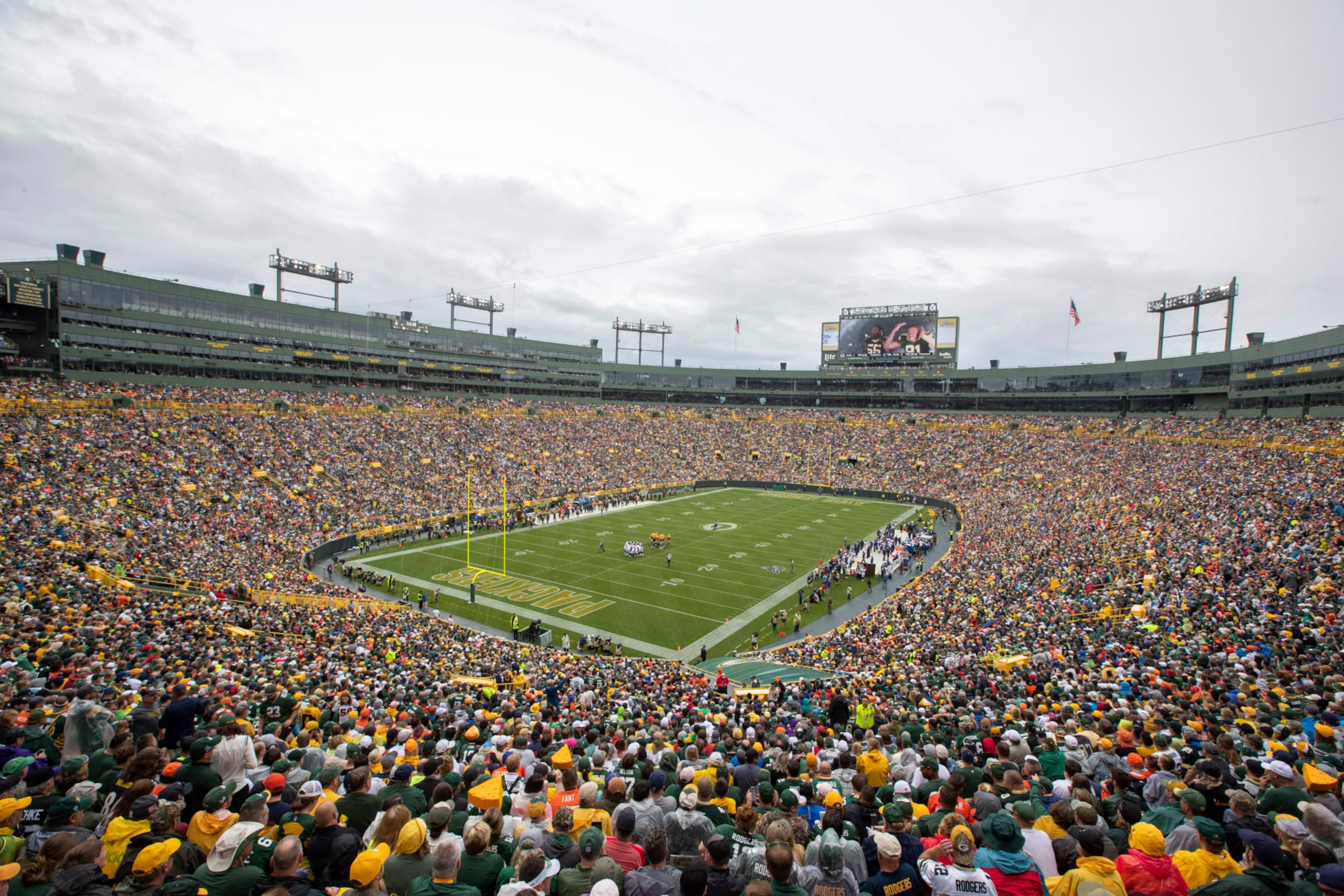 A general interior  overhead view of Lambeau Field during an NFL football game against the Denver Broncos, Sunday, Sept. 22, 2019, in Green Bay, Wis.    (Photo by Tom Hauck/Getty Images)