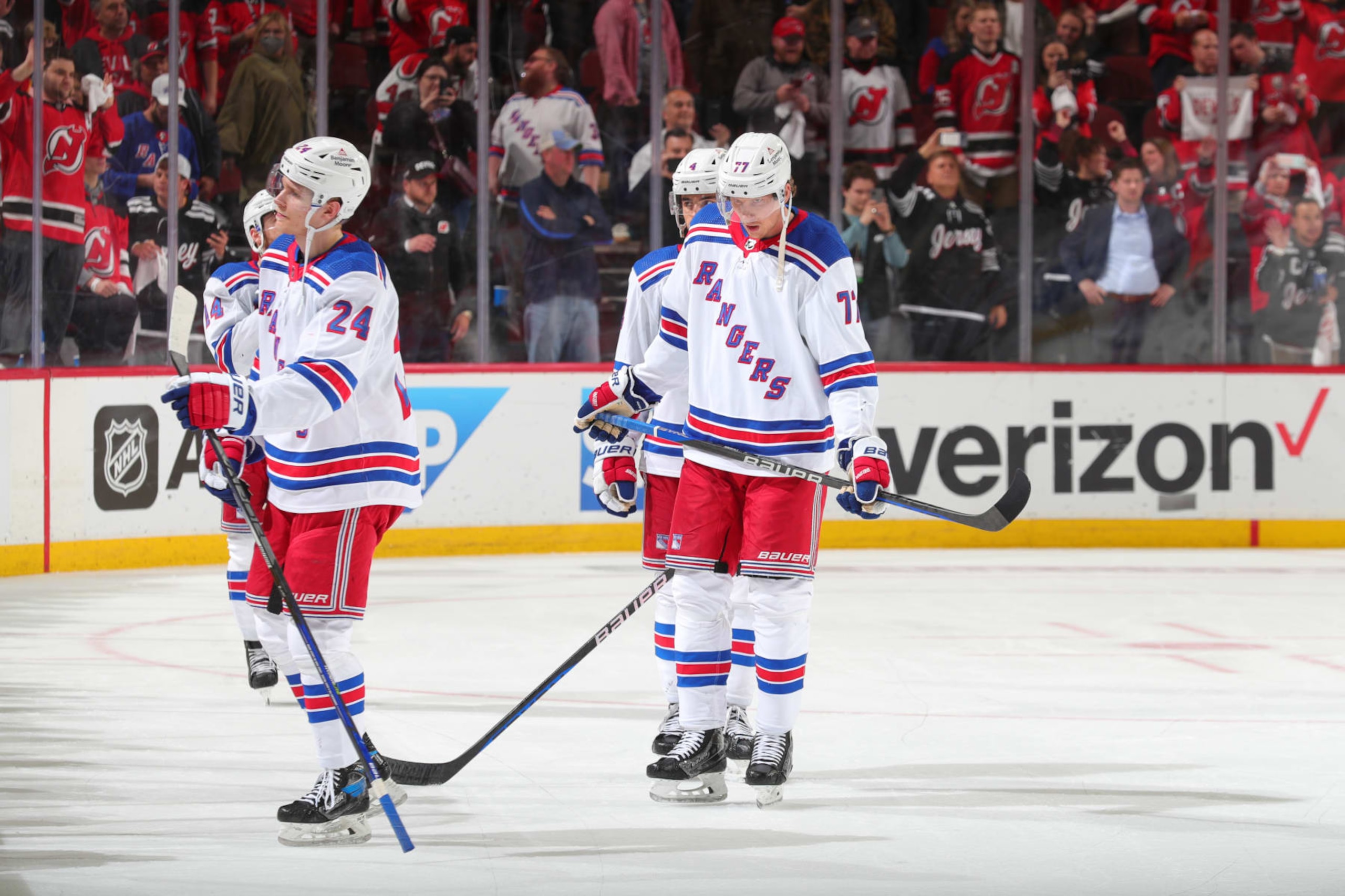NEWARK, NJ - MAY 01:  Niko Mikkola #77 of the New York Rangers and Kaapo Kakko #24 of the New York Rangers after losing Game Seven of the First Round of the 2023 Stanley Cup Playoffs against the New Jersey Devils at the Prudential Center on May 1, 2023 in Newark, New Jersey.  (Photo by Rich Graessle/NHLI via Getty Images)