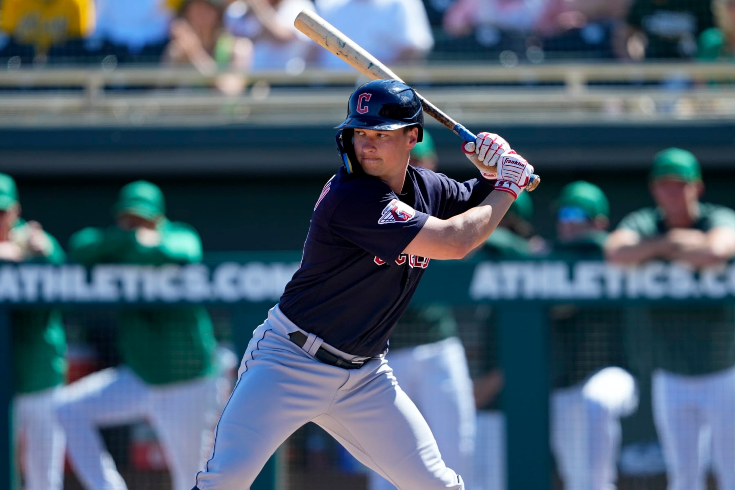 Cleveland Guardians' Will Brennan hits against the Oakland Athletics during the first inning of a spring training baseball game, Saturday, March 4, 2023, in Mesa, Ariz. (AP Photo/Matt York) Cleveland Guardians' Will Brennan hits against the Oakland Athletics during the first inning of a spring training baseball game, Saturday, March 4, 2023, in Mesa, Ariz. (AP Photo/Matt York)