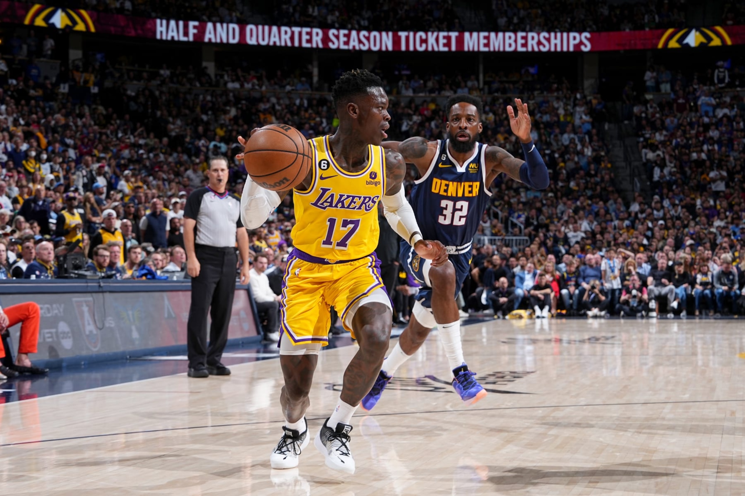 DENVER, CO - MAY 18: Dennis Schroder #17 of the Los Angeles Lakers dribbles the ball during the game against the Denver Nuggets during Game 2 of the 2023 NBA Playoffs Western Conference Finals on May 18, 2023 at the Ball Arena in Denver, Colorado. NOTE TO USER: User expressly acknowledges and agrees that, by downloading and/or using this Photograph, user is consenting to the terms and conditions of the Getty Images License Agreement. Mandatory Copyright Notice: Copyright 2023 NBAE (Photo by Garrett Ellwood/NBAE via Getty Images)