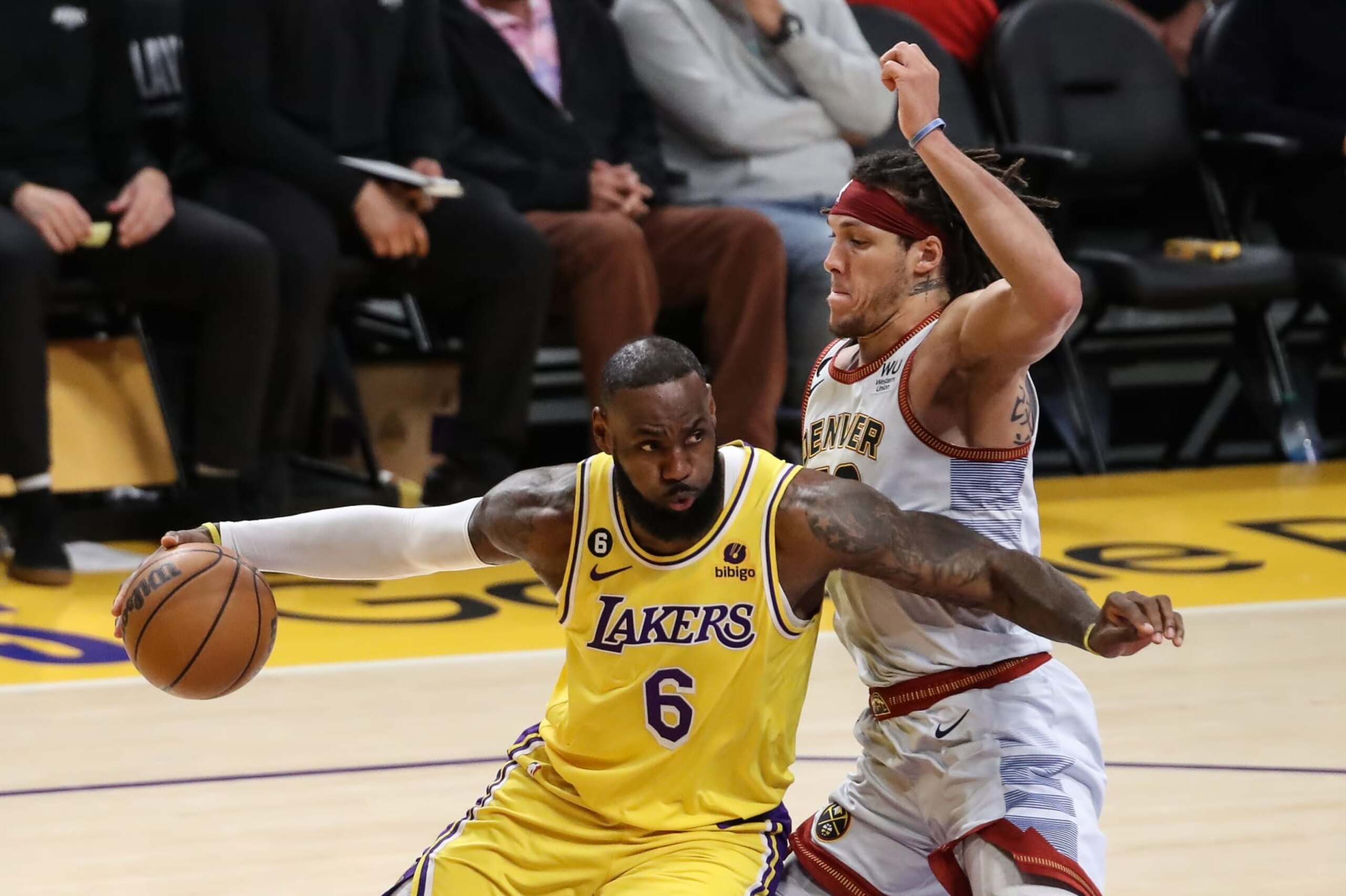 LOS ANGELES, CA - MAY 22: Los Angeles Lakers forward LeBron James (6) drives to the basket on Denver Nuggets forward Aaron Gordon (50) during game 4 of the NBA Western Conference between the Denver Nuggets and the Los Angeles Lakers on May 22, 2023, at Cyrpto.com Arena in Los Angeles, CA. (Photo by Jevone Moore/Icon Sportswire via Getty Images)