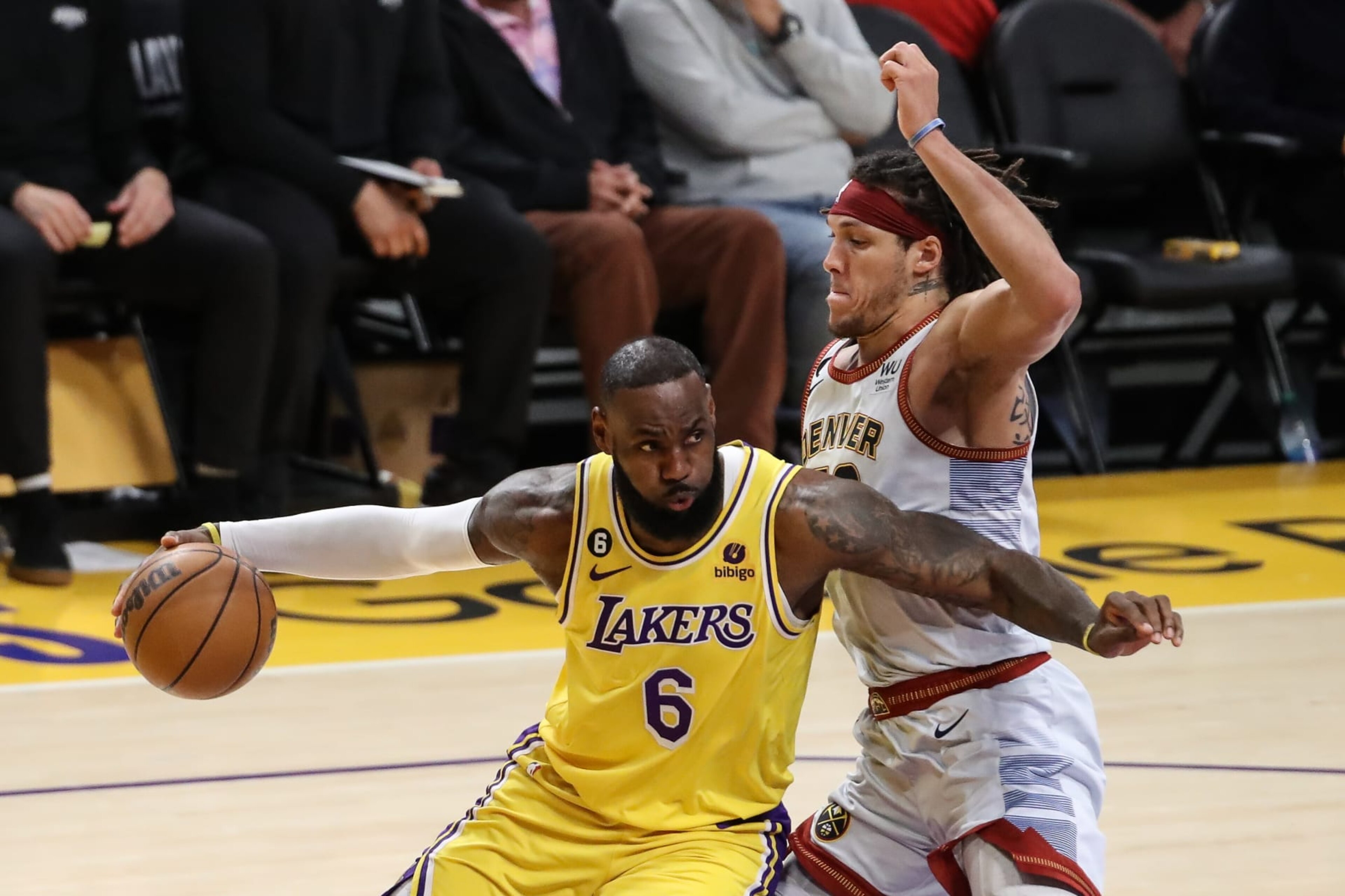 LOS ANGELES, CA - MAY 22: Los Angeles Lakers forward LeBron James (6) drives to the basket on Denver Nuggets forward Aaron Gordon (50) during game 4 of the NBA Western Conference between the Denver Nuggets and the Los Angeles Lakers on May 22, 2023, at Cyrpto.com Arena in Los Angeles, CA. (Photo by Jevone Moore/Icon Sportswire via Getty Images) LOS ANGELES, CA - MAY 22: Los Angeles Lakers forward LeBron James (6) drives to the basket on Denver Nuggets forward Aaron Gordon (50) during game 4 of the NBA Western Conference between the Denver Nuggets and the Los Angeles Lakers on May 22, 2023, at Cyrpto.com Arena in Los Angeles, CA. (Photo by Jevone Moore/Icon Sportswire via Getty Images)