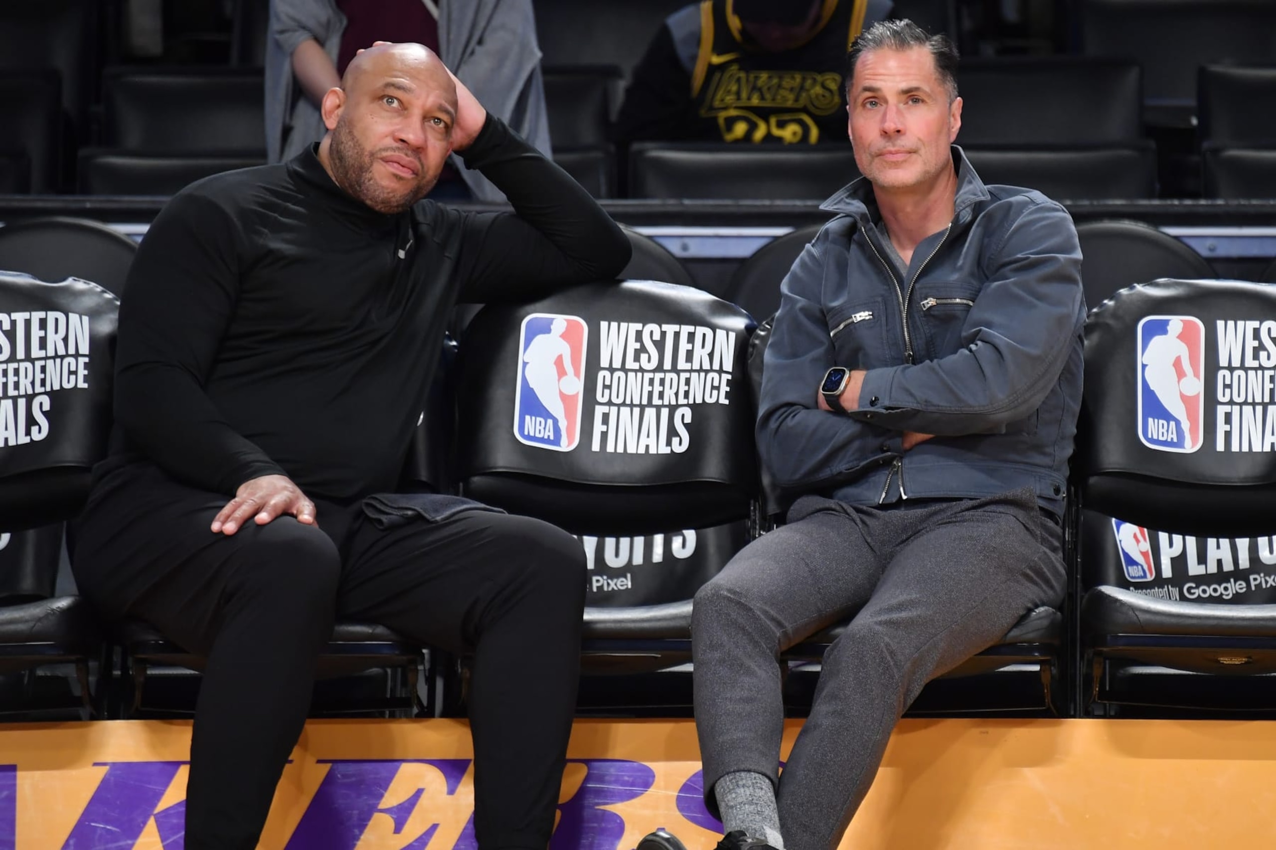 LOS ANGELES, CALIFORNIA - MAY 22: Head coach Darvin Ham and general manager Rob Pelinka of the Los Angeles Lakers are seen prior to game four of the Western Conference Finals against the Denver Nuggets at Crypto.com Arena on May 22, 2023 in Los Angeles, California. NOTE TO USER: User expressly acknowledges and agrees that, by downloading and or using this photograph, User is consenting to the terms and conditions of the Getty Images License Agreement. (Photo by Allen Berezovsky/Getty Images)