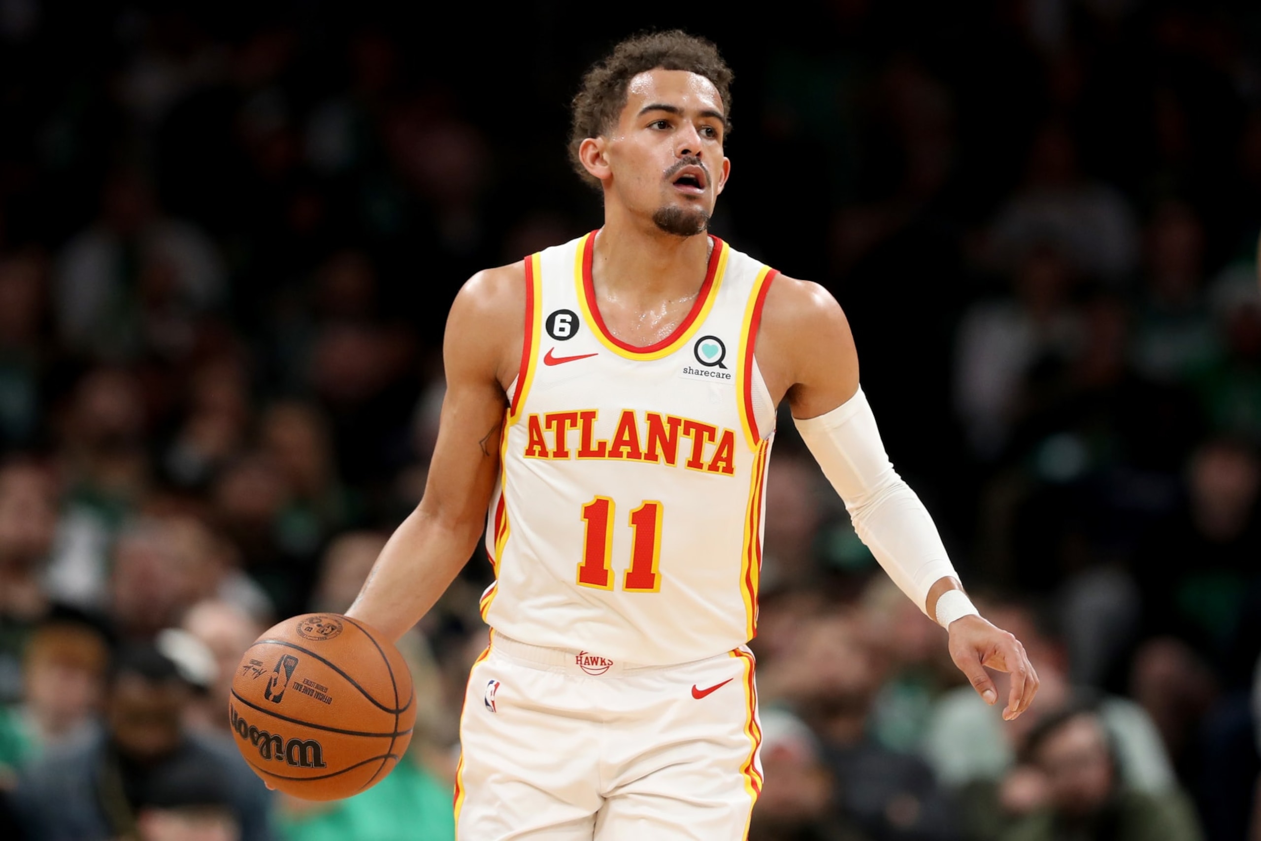BOSTON, MASSACHUSETTS - APRIL 25: Trae Young #11 of the Atlanta Hawks dribbles against the Boston Celtics during the first quarter in game five of the Eastern Conference First Round Playoffs at TD Garden on April 25, 2023 in Boston, Massachusetts. NOTE TO USER: User expressly acknowledges and agrees that, by downloading and or using this photograph, User is consenting to the terms and conditions of the Getty Images License Agreement. (Photo by Maddie Meyer/Getty Images)