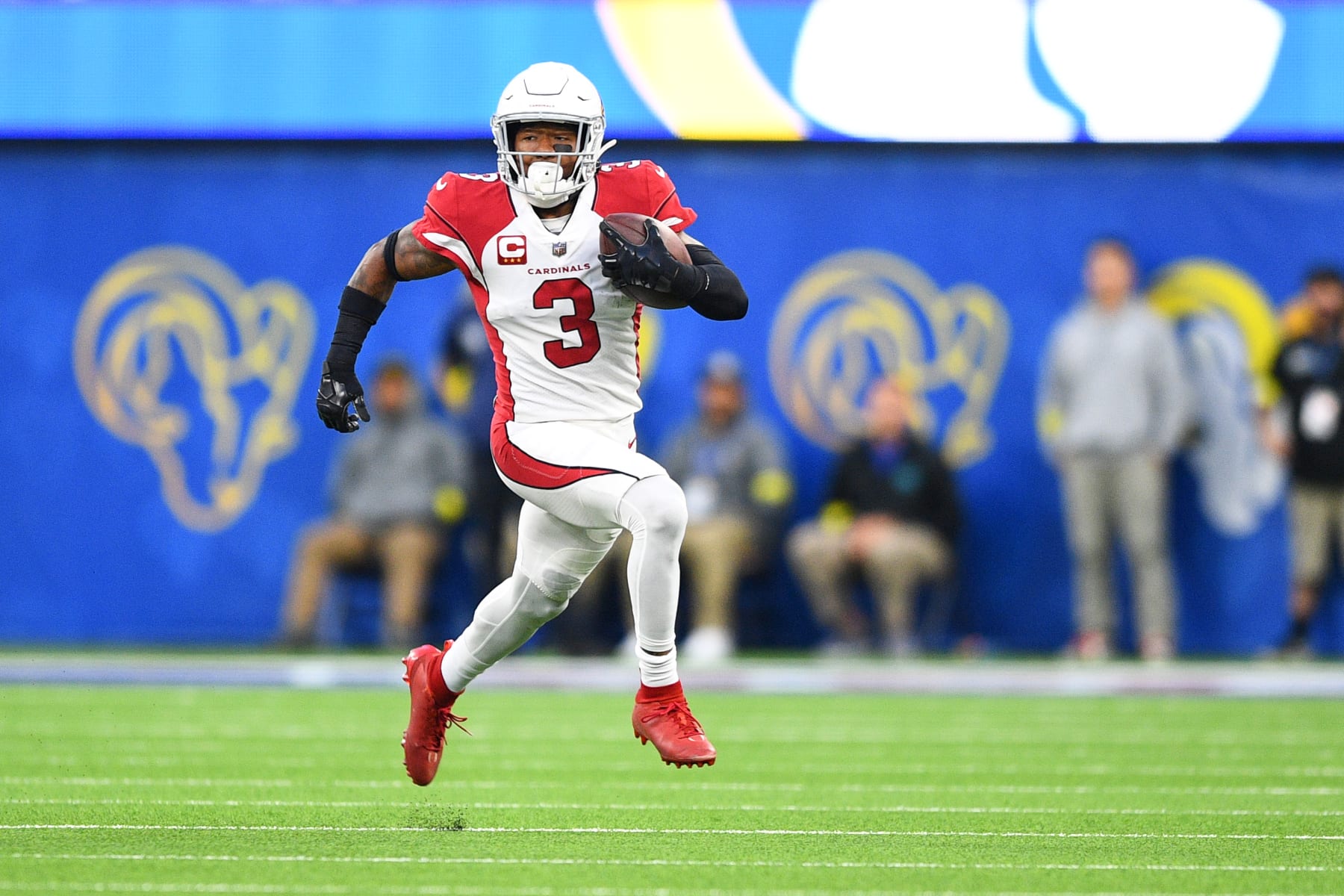 INGLEWOOD, CA - NOVEMBER 13: Arizona Cardinals safety Budda Baker (3) runs up field after an intercepting a pass during the NFL game between the Arizona Cardinals and the Los Angeles Rams on November 13, 2022, at SoFi Stadium in Inglewood, CA. (Photo by Brian Rothmuller/Icon Sportswire via Getty Images)