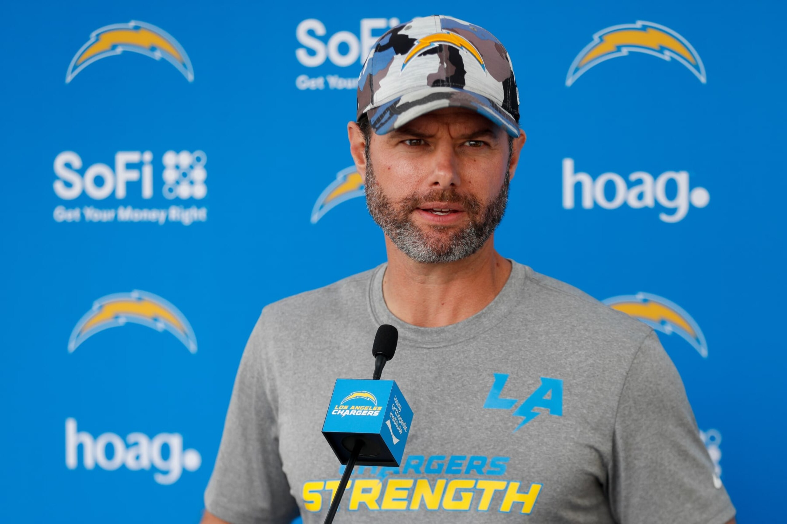COSTA MESA, CA - MAY 22: Los Angeles Chargers head coach Brandon Staley talks to the media following the team's OTA practice on May 22, 2023, at the Hoag Performance Center in Costa Mesa, CA. (Photo by Brandon Sloter/Icon Sportswire via Getty Images)