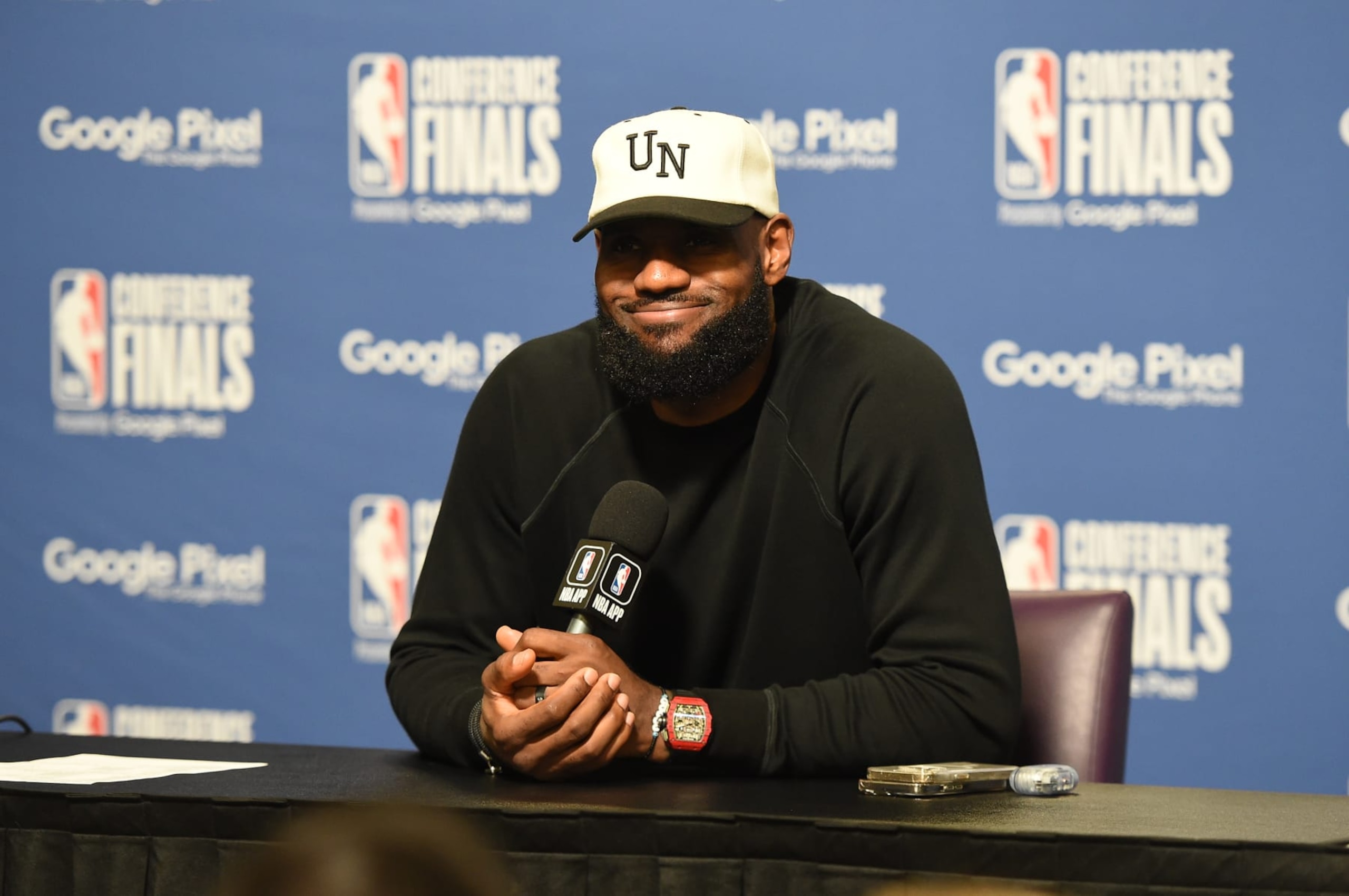 LOS ANGELES, CA - MAY 22: LeBron James #6 of the Los Angeles Lakers speaks to the media after Round 3 Game 4 of the Western Conference Finals 2023 NBA Playoffs against the Denver Nuggets on May 22, 2023 at Crypto.Com Arena in Los Angeles, California. NOTE TO USER: User expressly acknowledges and agrees that, by downloading and/or using this Photograph, user is consenting to the terms and conditions of the Getty Images License Agreement. Mandatory Copyright Notice: Copyright 2023 NBAE (Photo by Andrew D. Bernstein/NBAE via Getty Images)