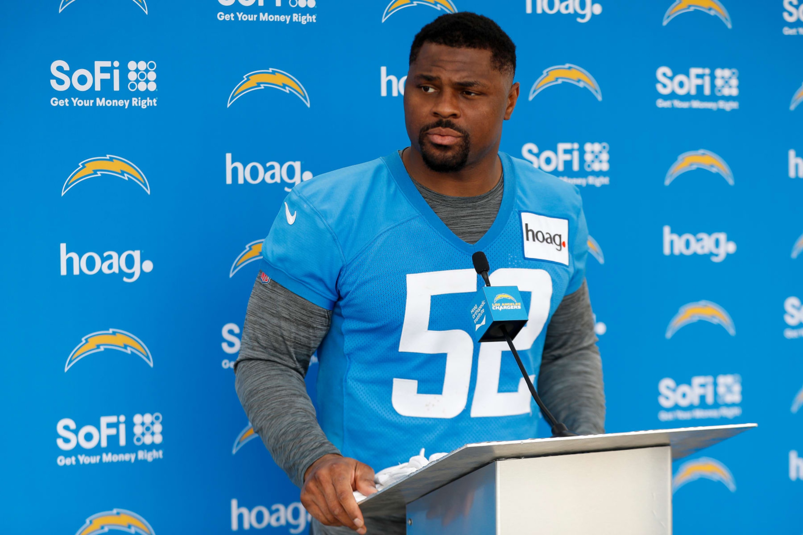 COSTA MESA, CA - MAY 22: Los Angeles Chargers linebacker Khalil Mack (52) talks to the media following the team's OTA practice on May 22, 2023, at the Hoag Performance Center in Costa Mesa, CA. (Photo by Brandon Sloter/Icon Sportswire via Getty Images)
