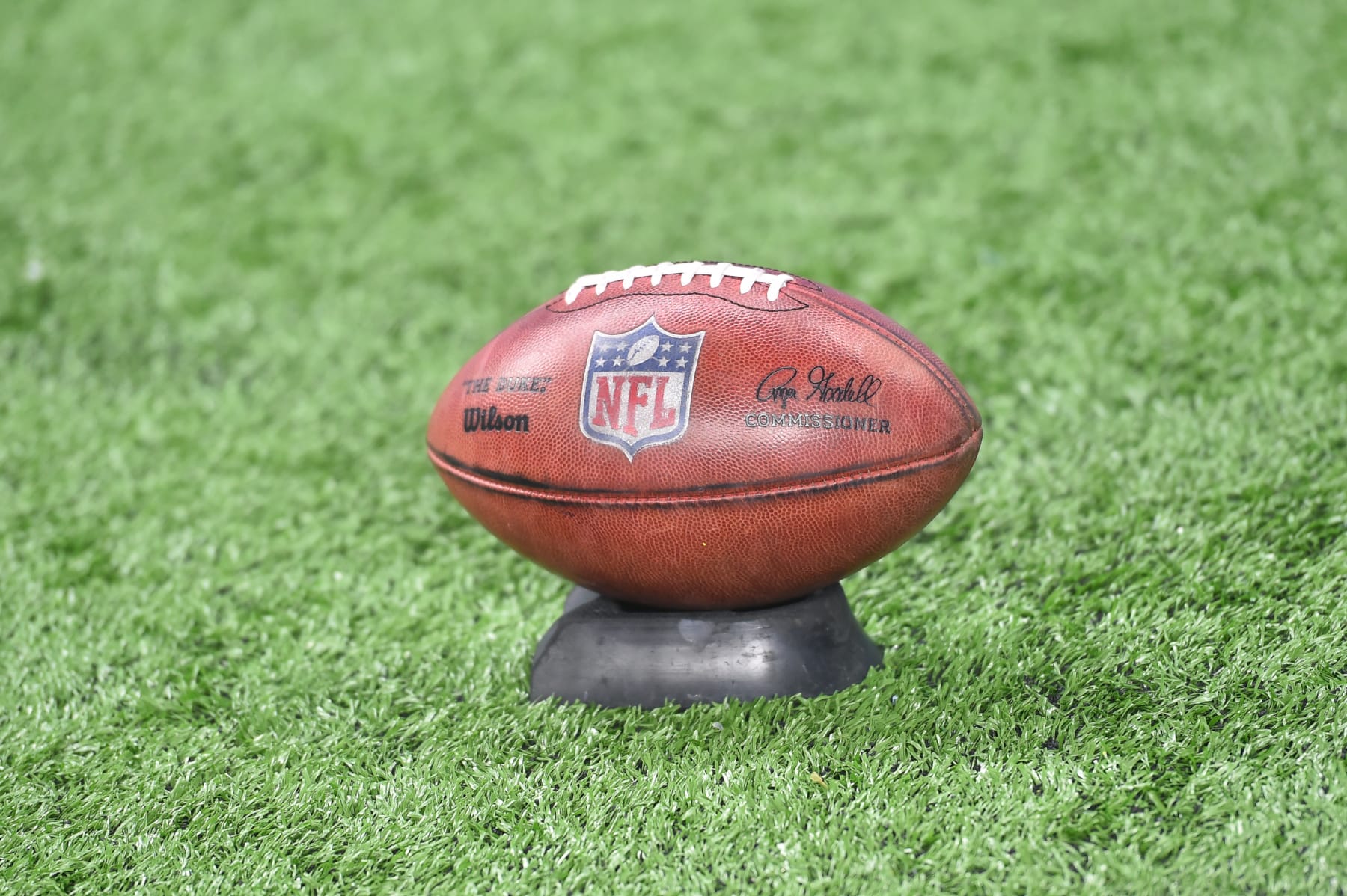 DETROIT, MI - AUGUST 27: The NFL kickoff ball sits on a tee prior to the Detroit Lions vs Indianapolis Colts preseason game on Friday August 27, 2021 at Ford Field in Detroit, MI. (Photo by Steven King/Icon Sportswire via Getty Images)