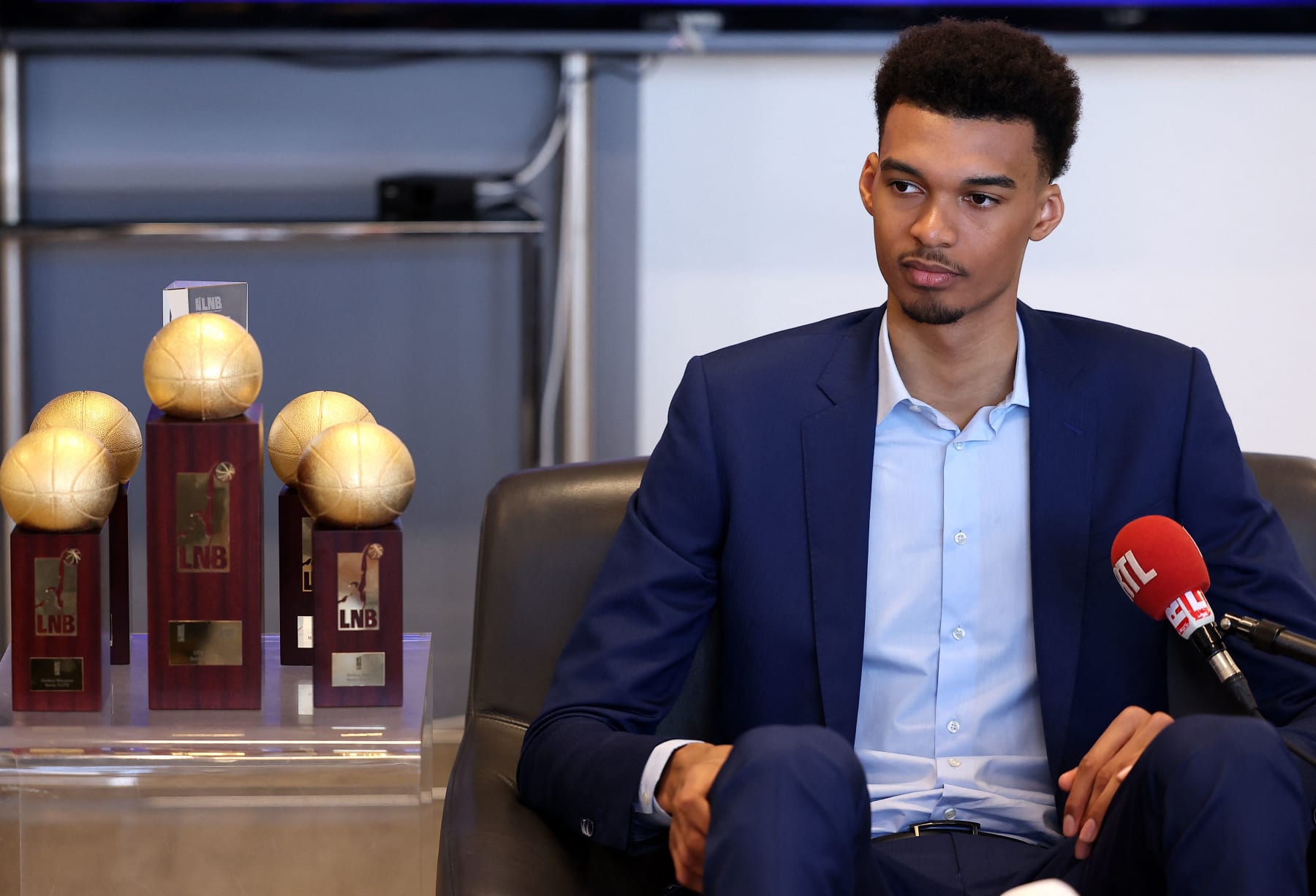 Metropolitan 92's French power forward Victor Wembanyama attends a press conference in Boulogne-Billancourt, on the outskirts of Paris, on May 17, 2023. Victor Wembanyama, was voted MVP of the season for the first time, and again named best youth and best defender at the National Basketball League's annual awards. The San Antonio Spurs on May 16, 2023 were awarded the top pick in next month's NBA draft, leaving them in pole position to land French prodigy Victor Wembanyama. (Photo by FRANCK FIFE / AFP) (Photo by FRANCK FIFE/AFP via Getty Images)