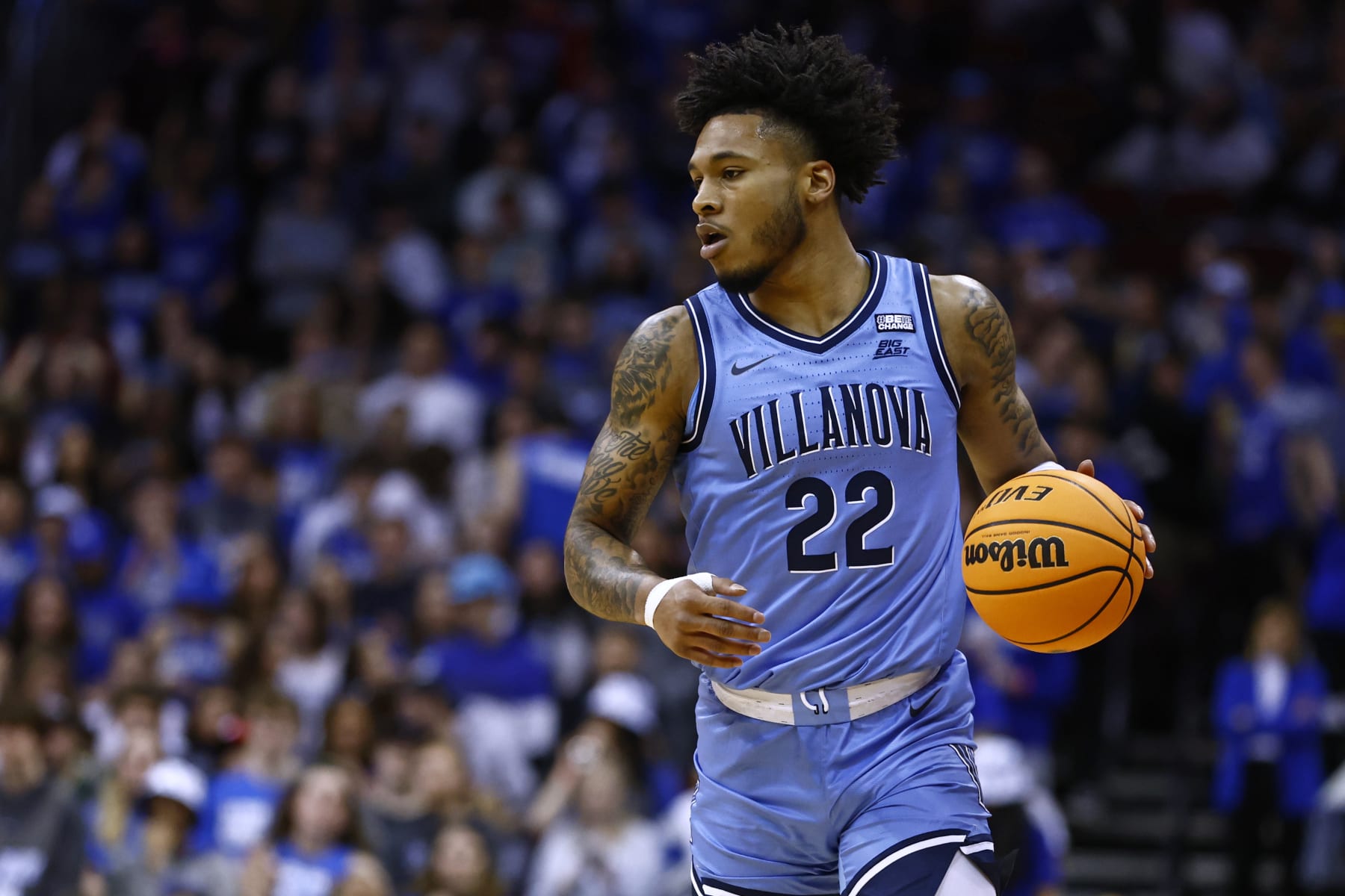 NEWARK, NJ - FEBRUARY 28: Cam Whitmore #22 of the Villanova Wildcats in action against the Seton Hall Pirates during a game at Prudential Center on February 28, 2023 in Newark, New Jersey. Villanova defeated Seton Hall 76-72. (Photo by Rich Schultz/Getty Images)