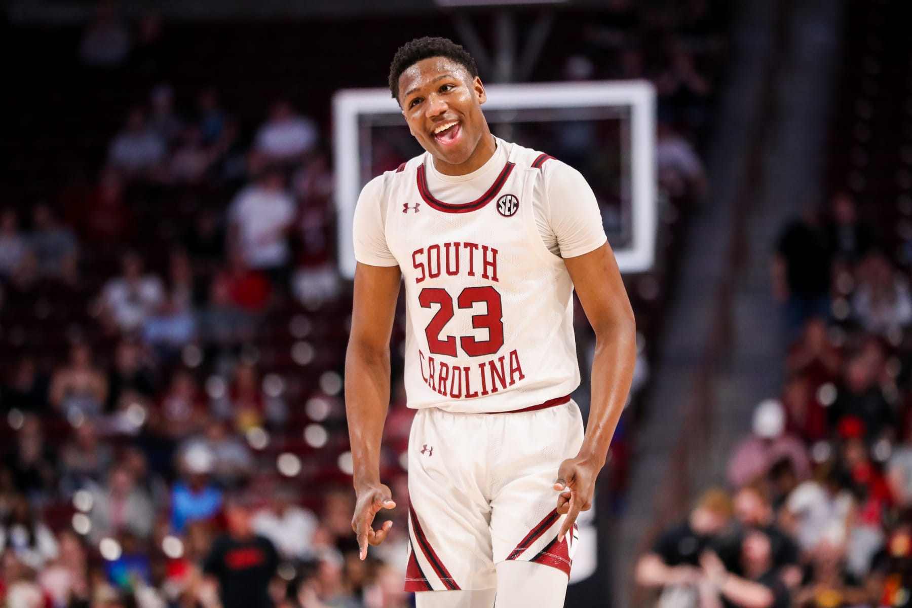 COLUMBIA, SC - FEBRUARY 22: Gregory Jackson II (23) of the South Carolina Gamecocks smiles after making a basket during a basketball game against the Alabama Crimson Tide on February 22, 2023 at Colonial Life Arena in Columbia, SC. (Photo by David Jensen/Icon Sportswire via Getty Images)