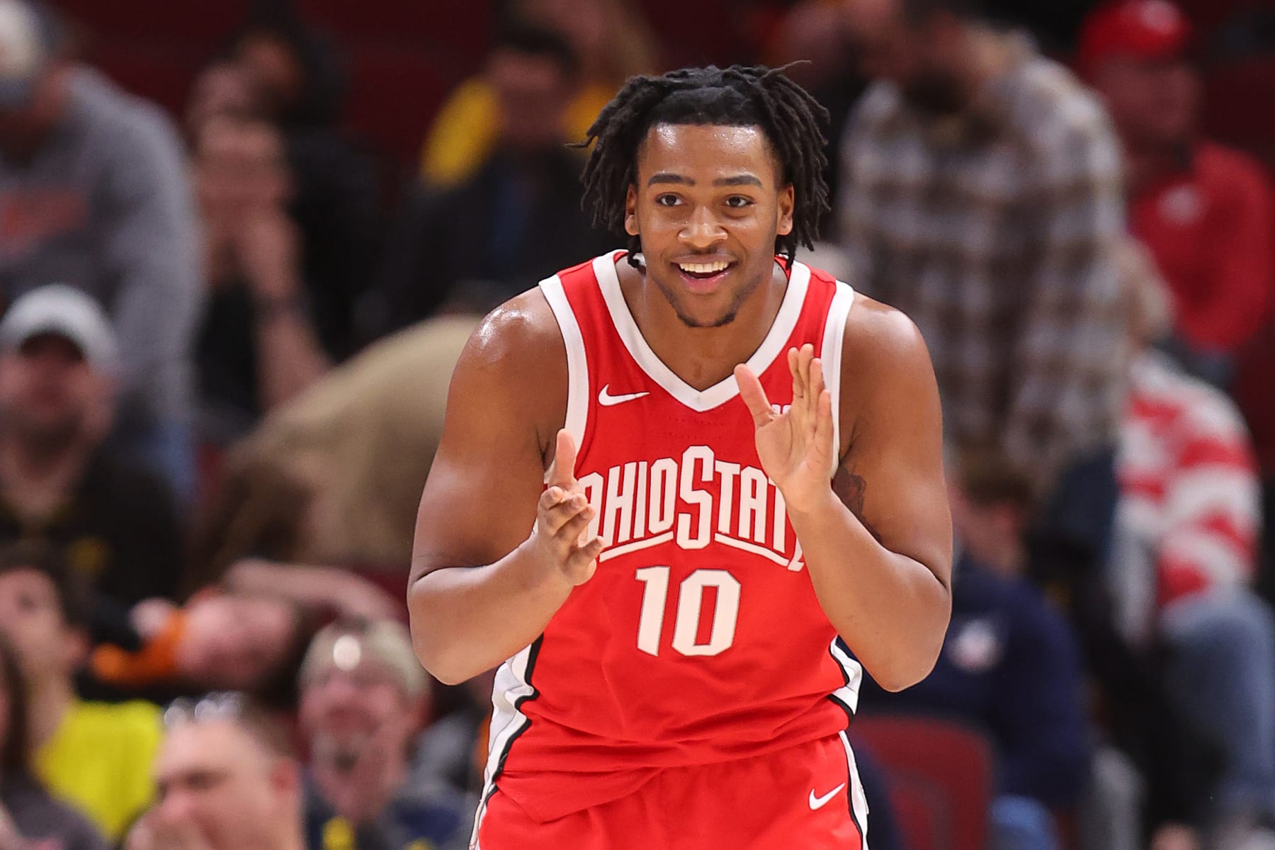 CHICAGO, ILLINOIS - MARCH 09: Brice Sensabaugh #10 of the Ohio State Buckeyes reacts against the Iowa Hawkeyes in the second half of the second round in the Big Ten Tournament at United Center on March 09, 2023 in Chicago, Illinois. (Photo by Michael Reaves/Getty Images)