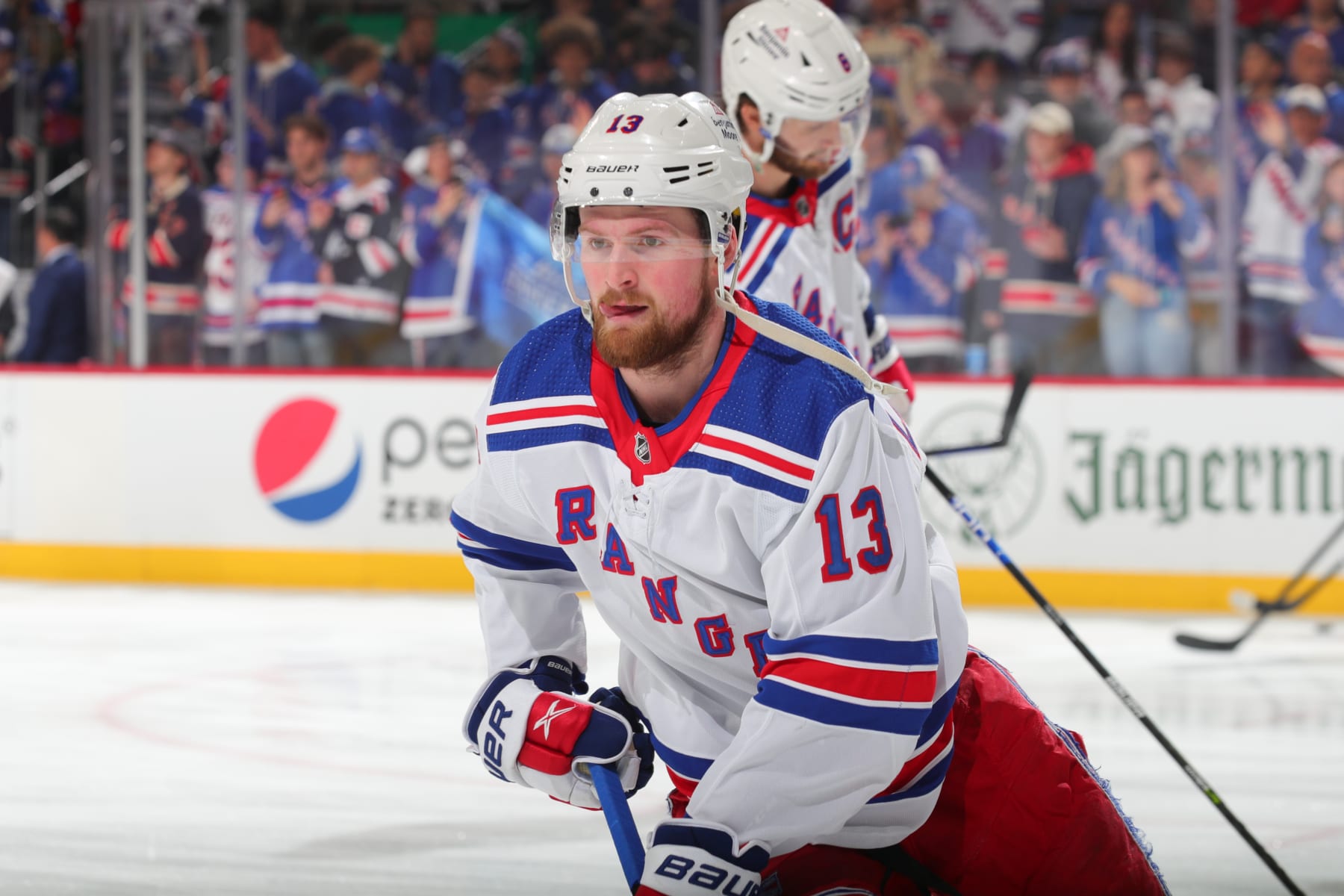 NEWARK, NJ - MAY 01: Alexis Lafrenière #13 of the New York Rangers during warm ups prior to Game Seven of the First Round of the 2023 Stanley Cup Playoffs against the New Jersey Devils at the Prudential Center on May 1, 2023 in Newark, New Jersey.  (Photo by Rich Graessle/NHLI via Getty Images)
