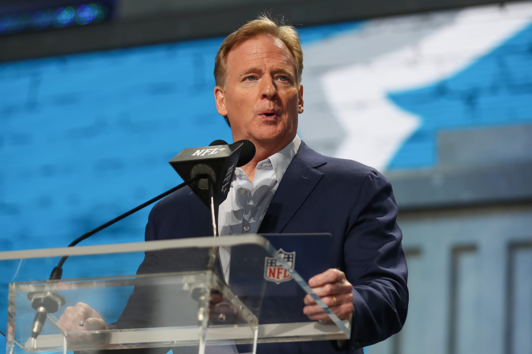 KANSAS CITY, MO - APRIL 28: Commissioner Roger Goodell at the podium during day two of the NFL Draft on April 28, 2023 at Union Station in Kansas City, MO. (Photo by Scott Winters/Icon Sportswire via Getty Images)