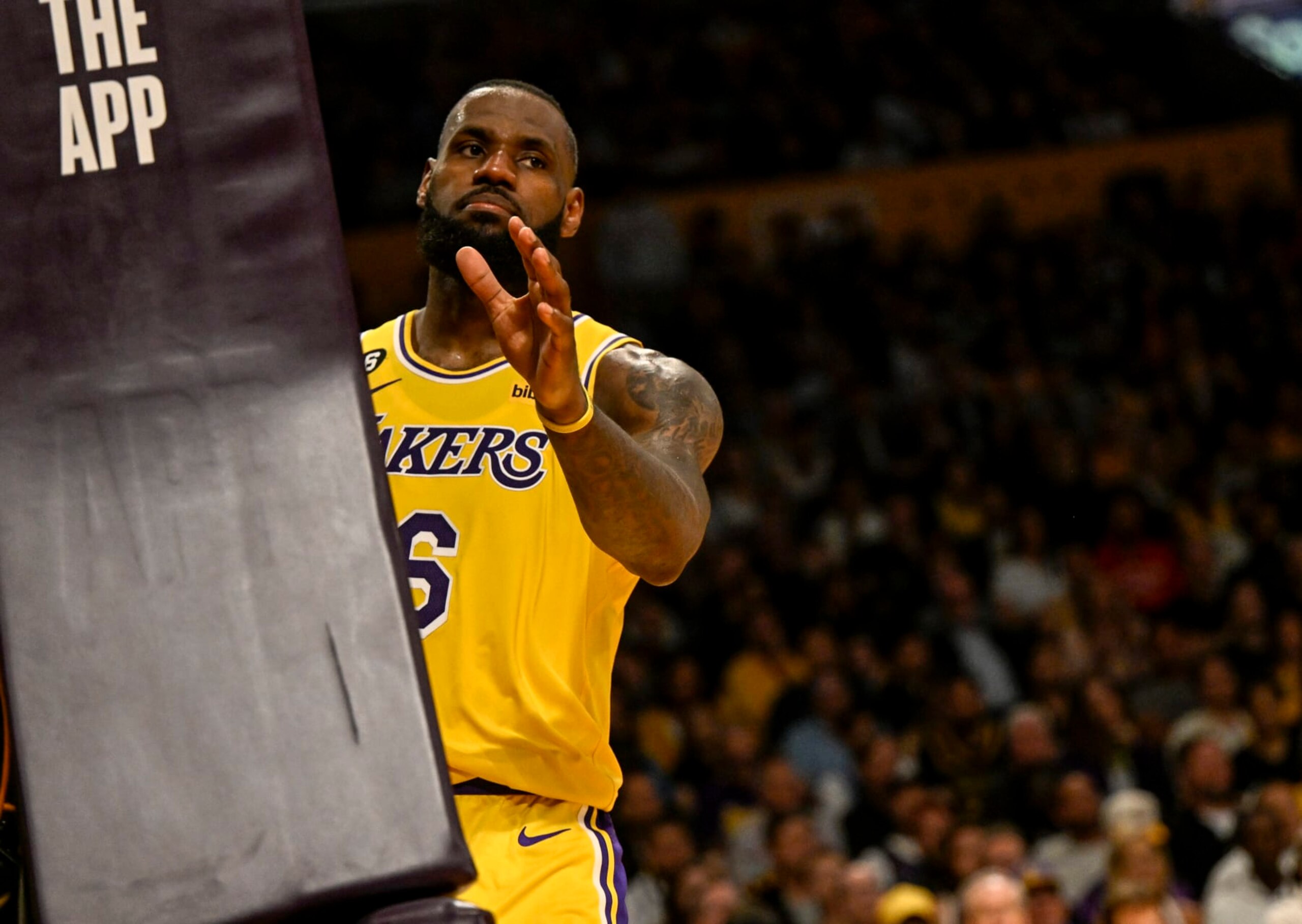 LOS ANGELES, CA - MAY 22: LeBron James (6) of the Los Angeles Lakers after being fouled by Jamal Murray (27) of the Denver Nuggets during the fourth quarter of the Nuggets' 113-111 Western Conference finals game 4 win at Crypto.com Arena in Los Angeles on Monday, May 22, 2023. The Nuggets swept the best-of-seven series 4-0 to advance to their first NBA Finals in franchise history. (Photo by AAron Ontiveroz/The Denver Post)