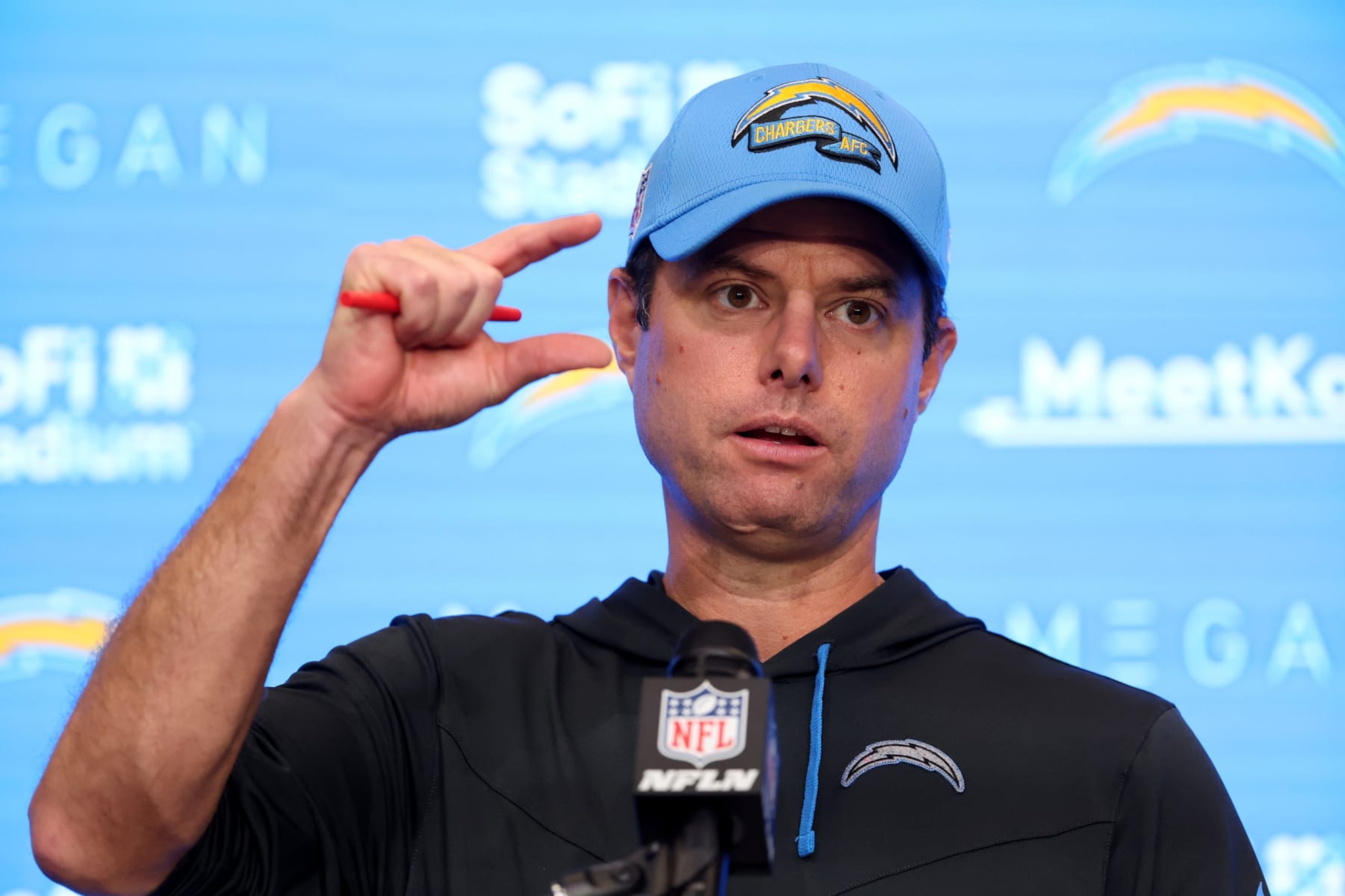 INGLEWOOD, CA - JANUARY 01: Los Angeles Chargers head coach Brandon Staley speaks to media during a post game press conference against the Los Angeles Rams on January 1, 2023, at SoFi Stadium in Inglewood, CA. (Photo by Kiyoshi Mio/Icon Sportswire via Getty Images)