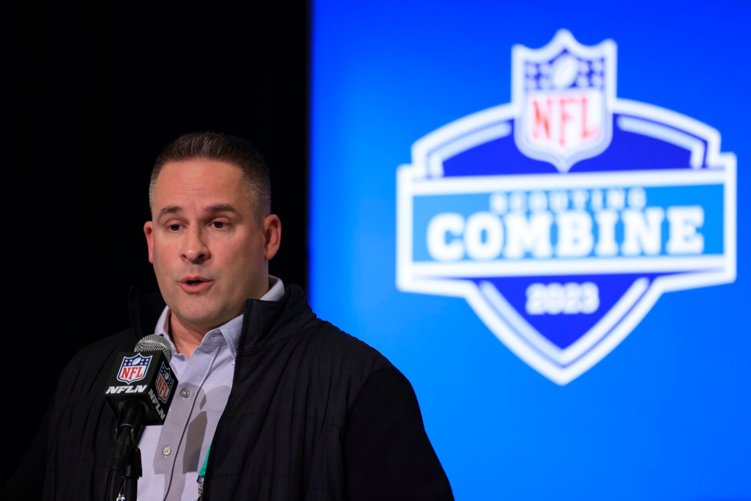 INDIANAPOLIS, INDIANA - FEBRUARY 28: Head coach Josh McDaniels of the Las Vegas Raiders speaks to the media during the NFL Combine at Lucas Oil Stadium on February 28, 2023 in Indianapolis, Indiana. (Photo by Justin Casterline/Getty Images)